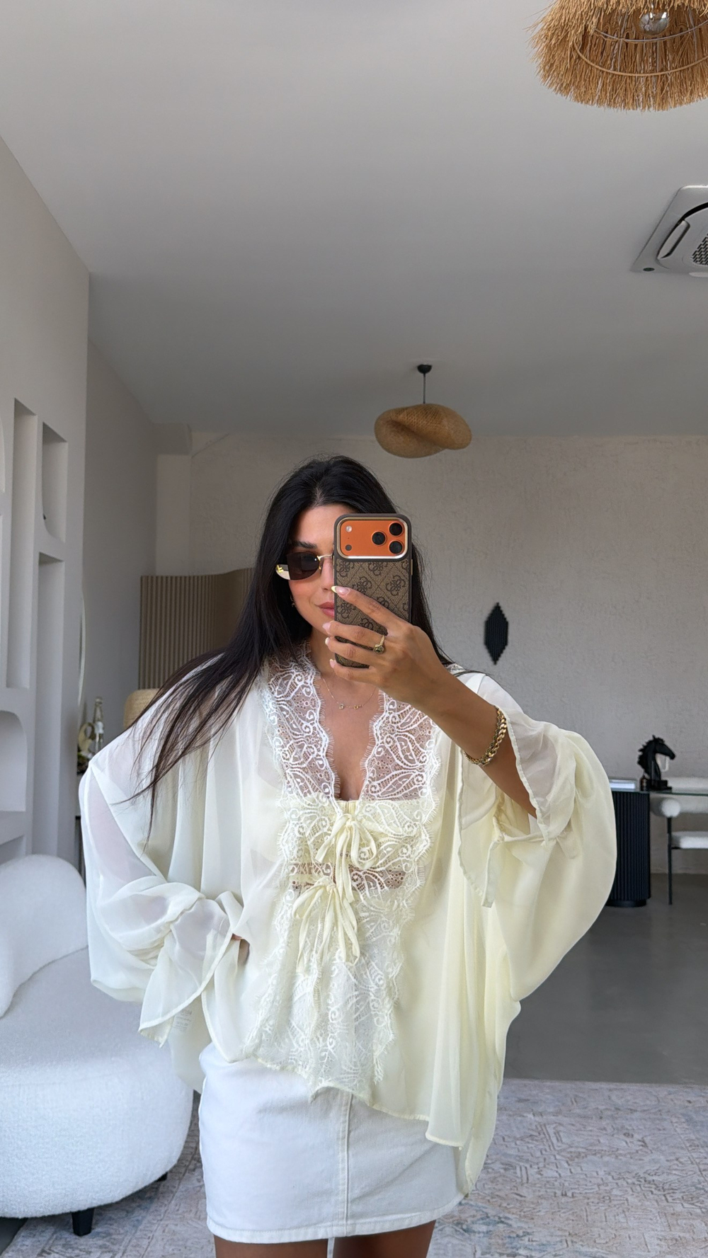 Butter Yellow Şifon Dantelli Zr Model Bluz