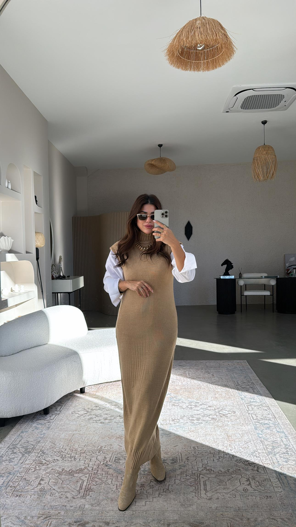 Camel Boğazlı Triko Maxi Elbise