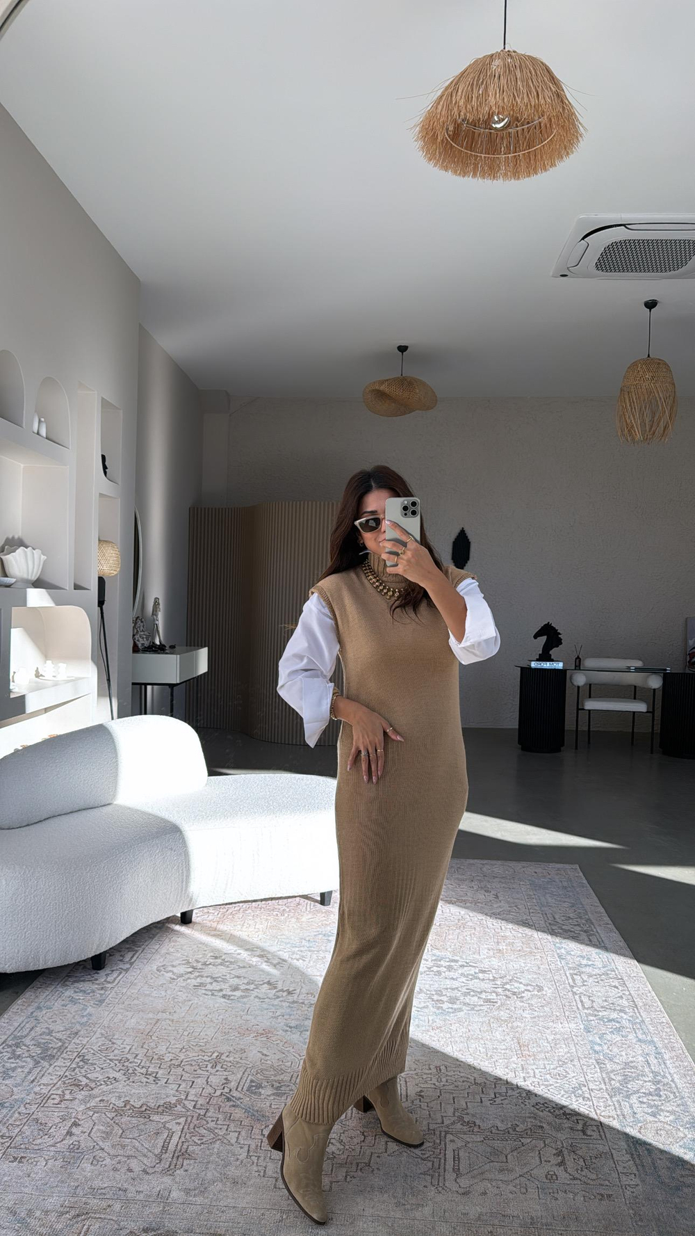 Camel Boğazlı Triko Maxi Elbise