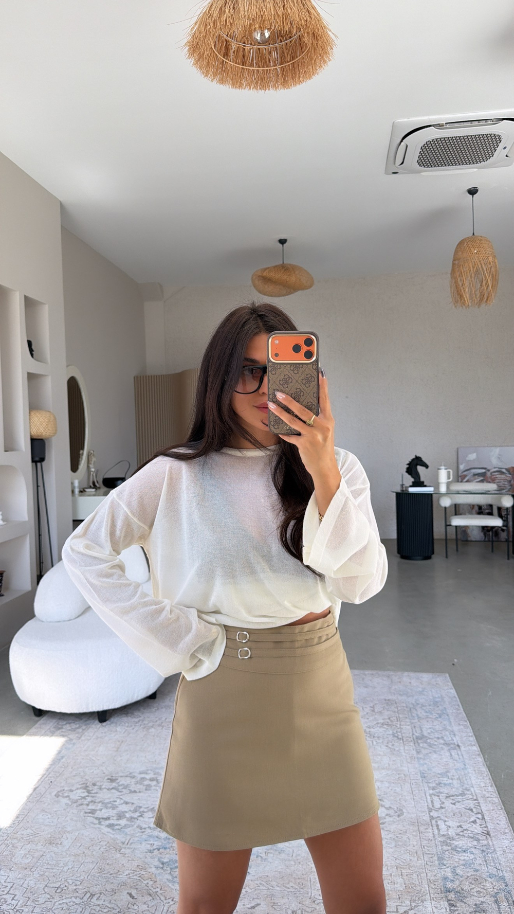 Camel Çift Kemer Detaylı Kumaş Şort Etek