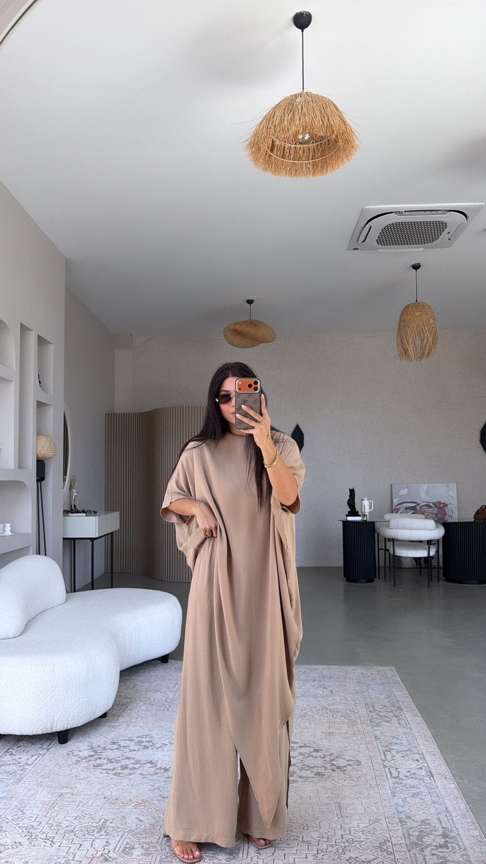 Camel Viskon Kumaş Asimetrik Bluz Pantolon Takım