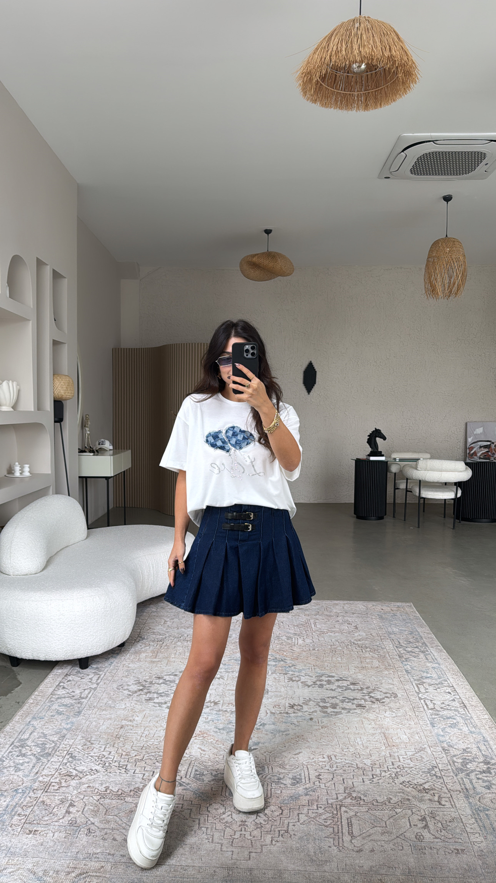 Çift Kemerli Denim Pileli Etek