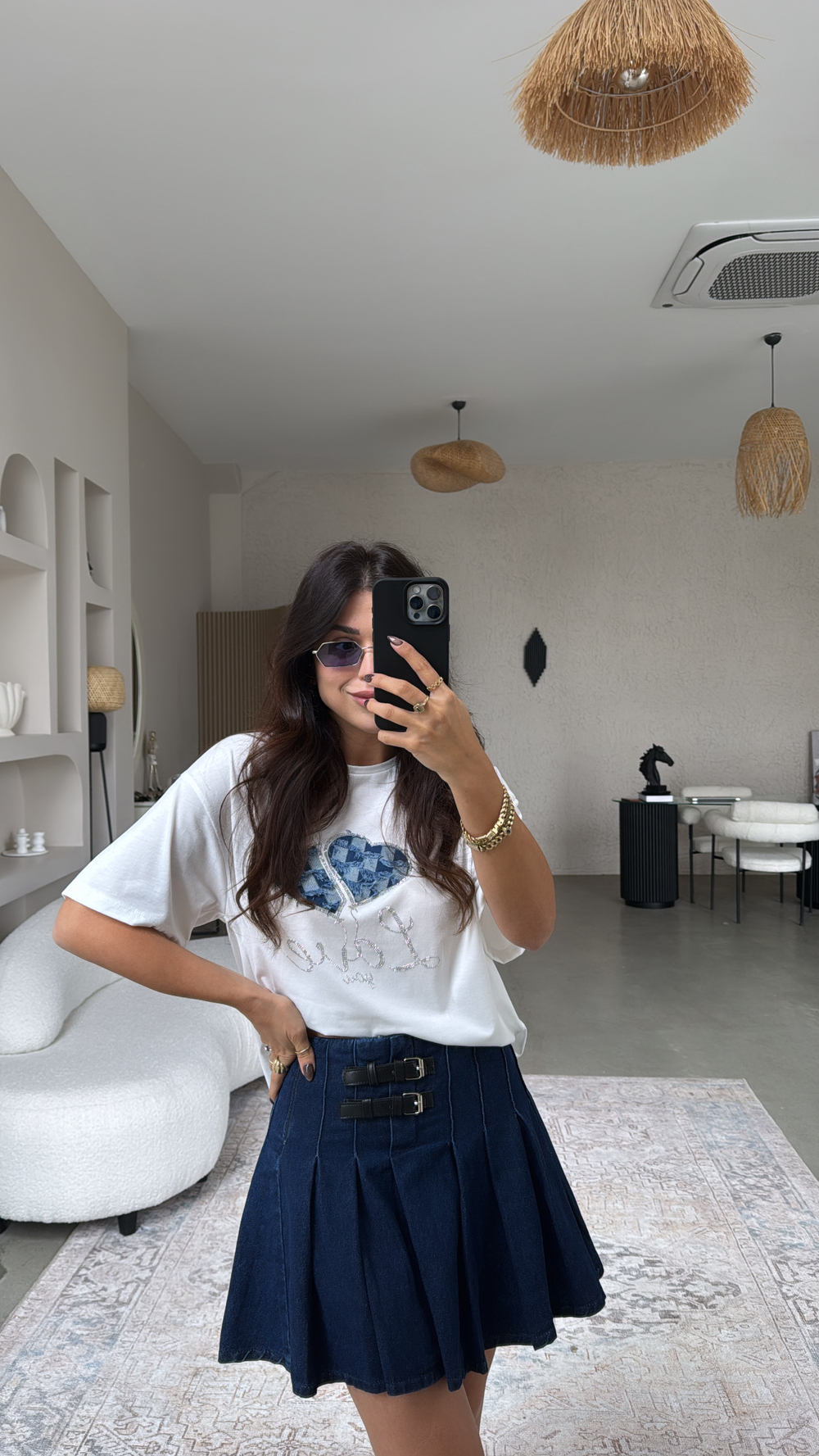 Çift Kemerli Denim Pileli Etek