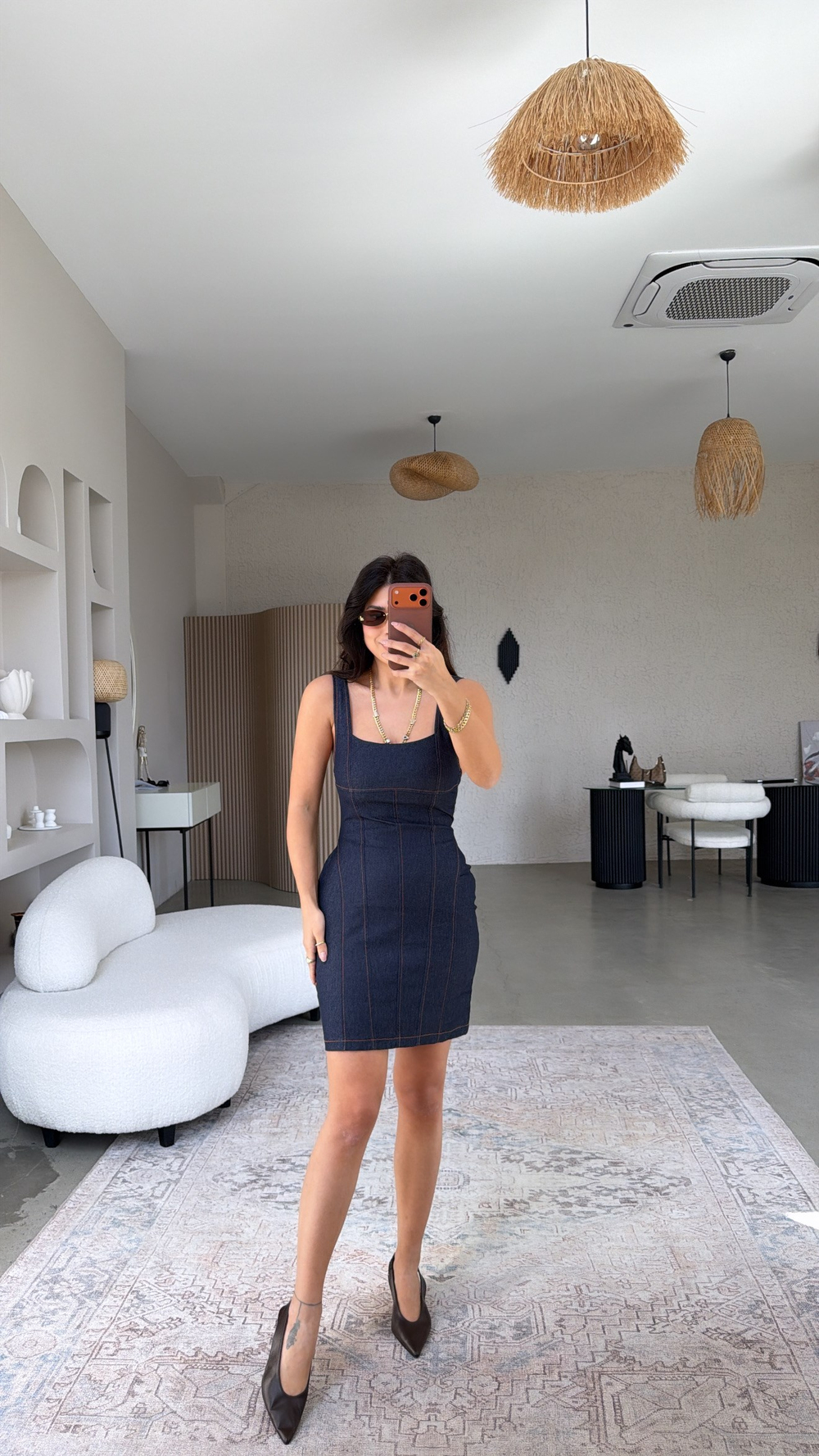 Dikiş Detaylı Askılı Lacivert Denim Elbise