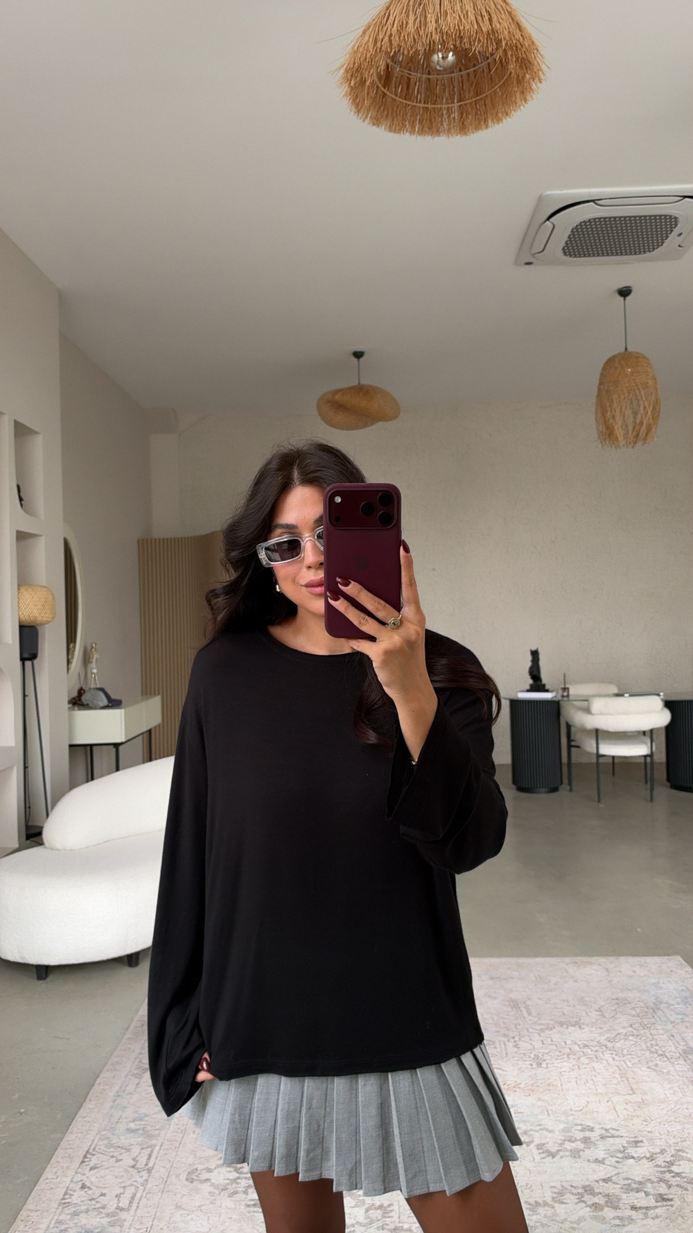Düz Siyah Premium İnce Dökümlü Uzun Kollu Basic
