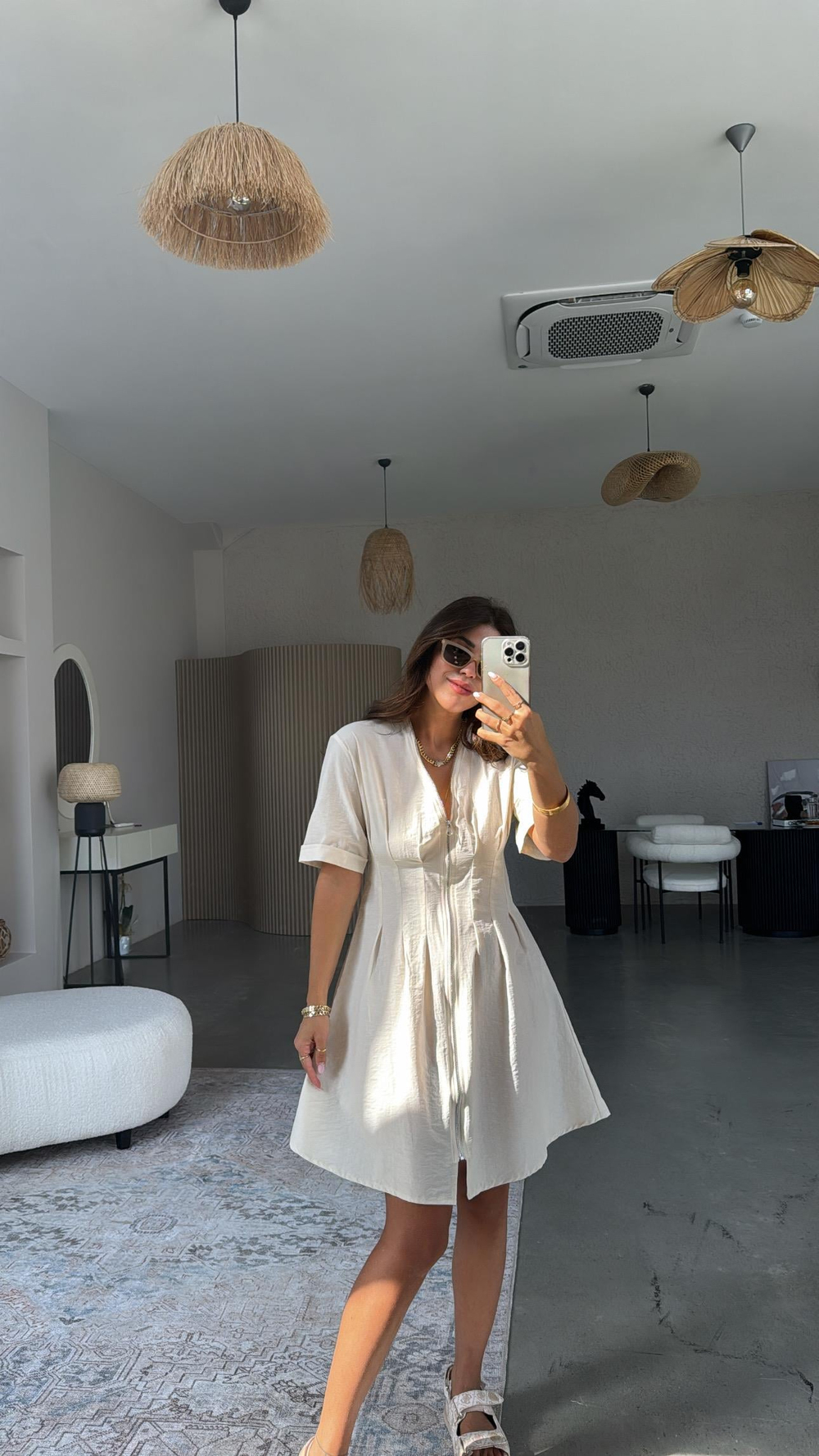 Ekru Boydan Fermuarlı Elbise