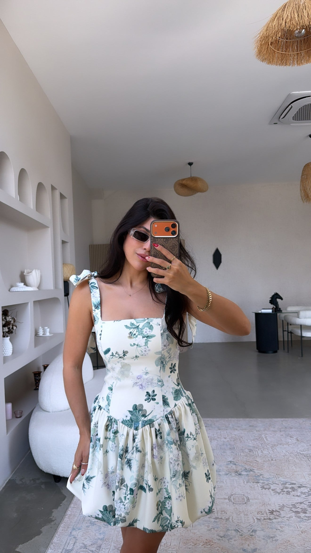 Ekru Çiçekli Krep Kumaş Beli Korseli Balon Elbise