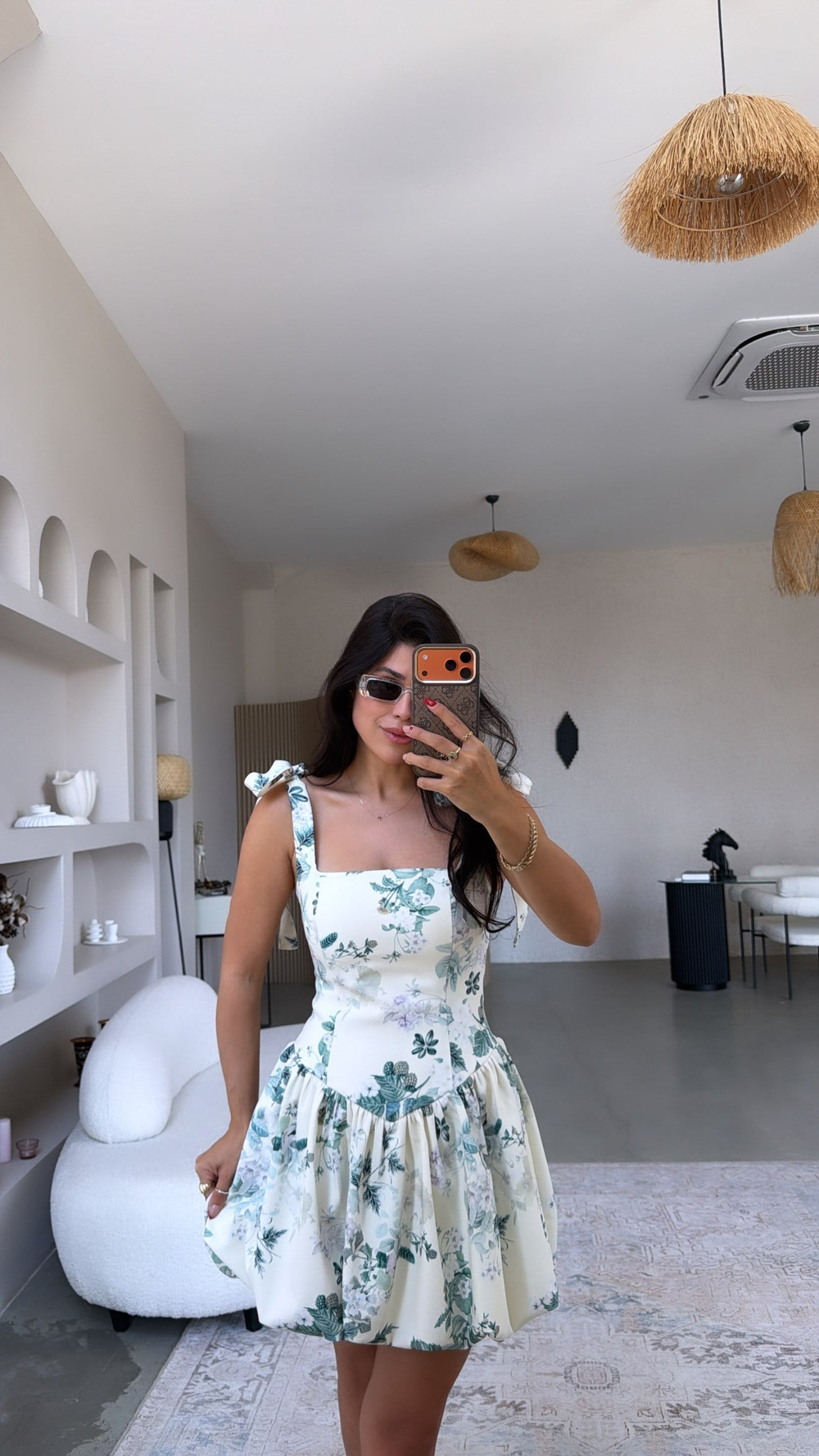 Ekru Çiçekli Krep Kumaş Beli Korseli Balon Elbise