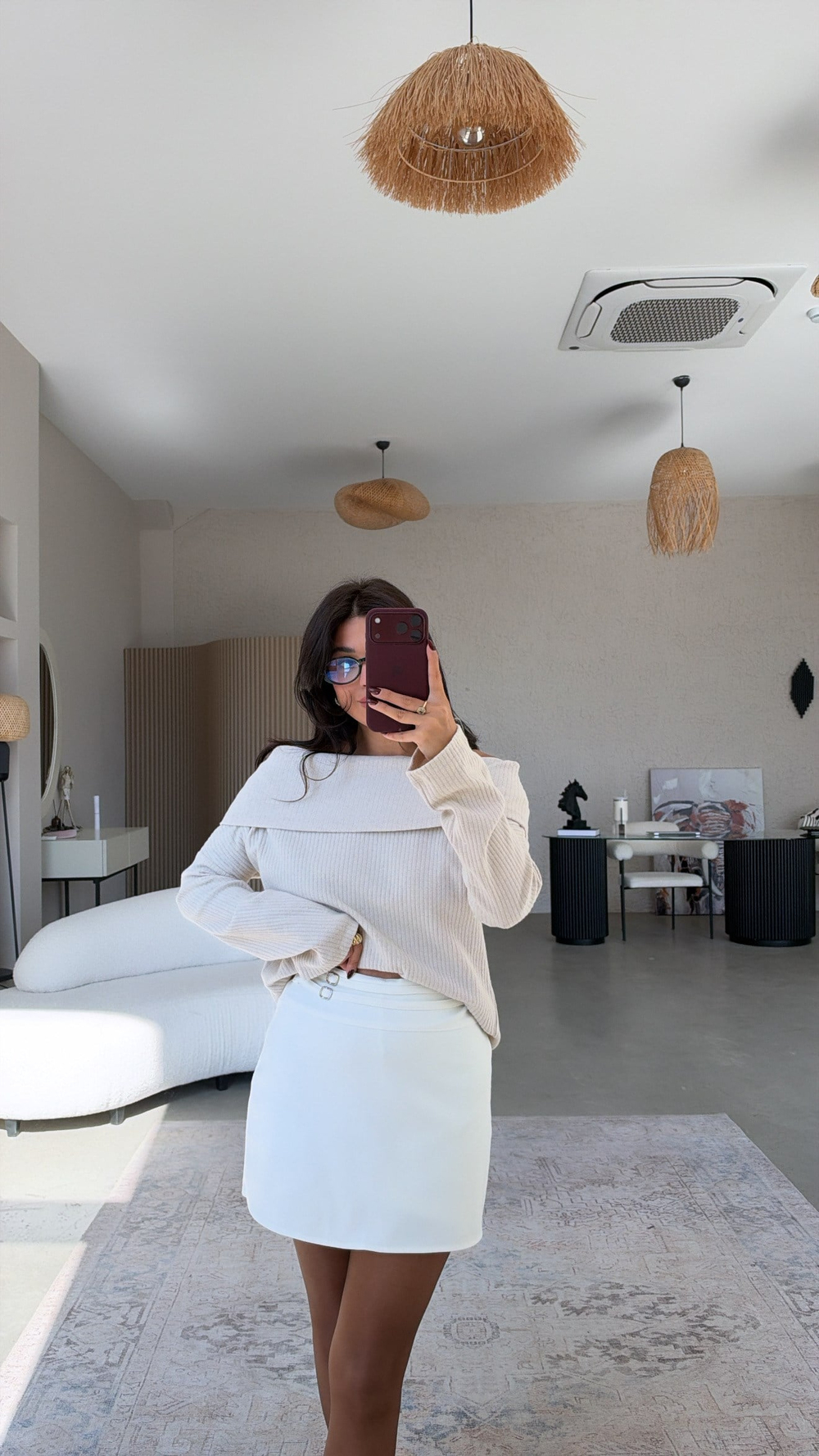 Ekru Çift Kemer Detaylı Kumaş Şort Etek
