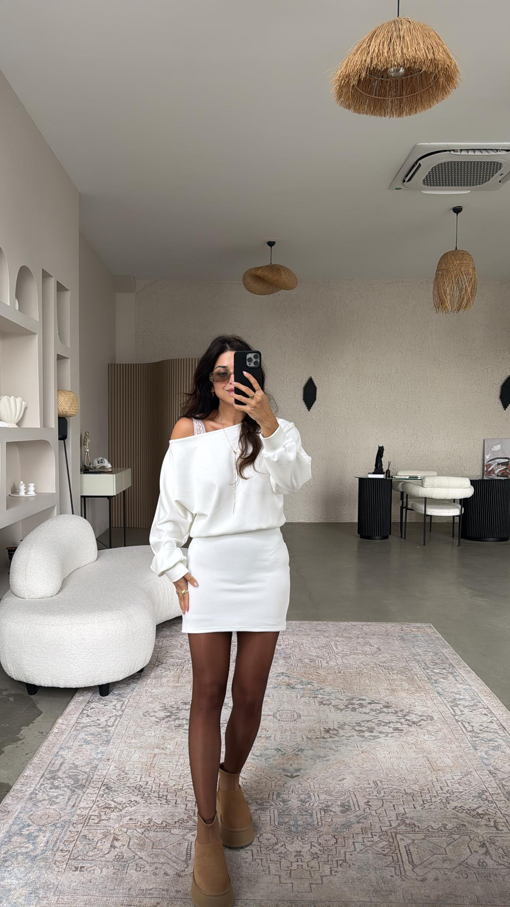 Ekru Eteği Oturan Modal Elbise