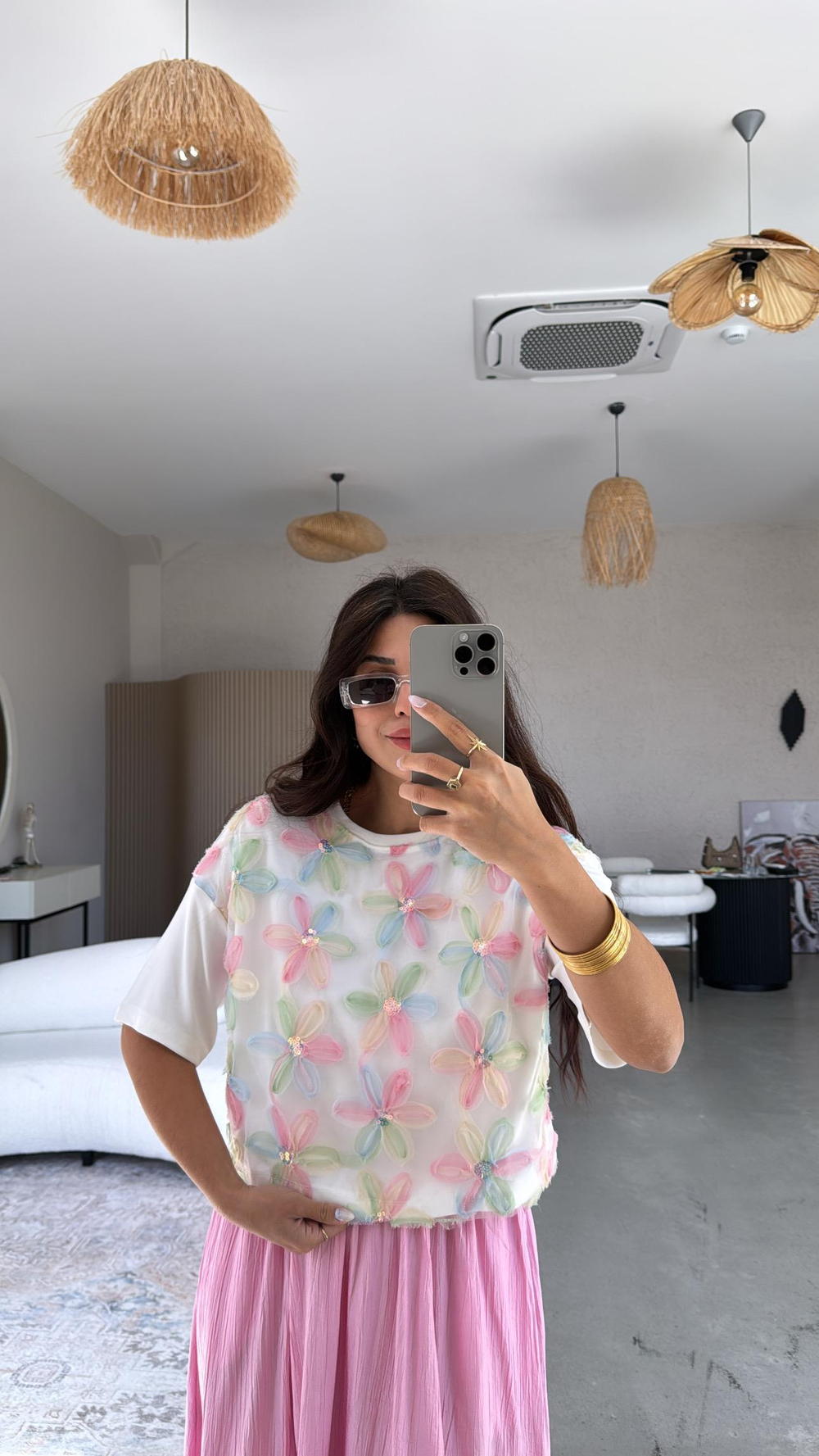 Ekru Tüllü Çiçek Kabartmalı Tshirt