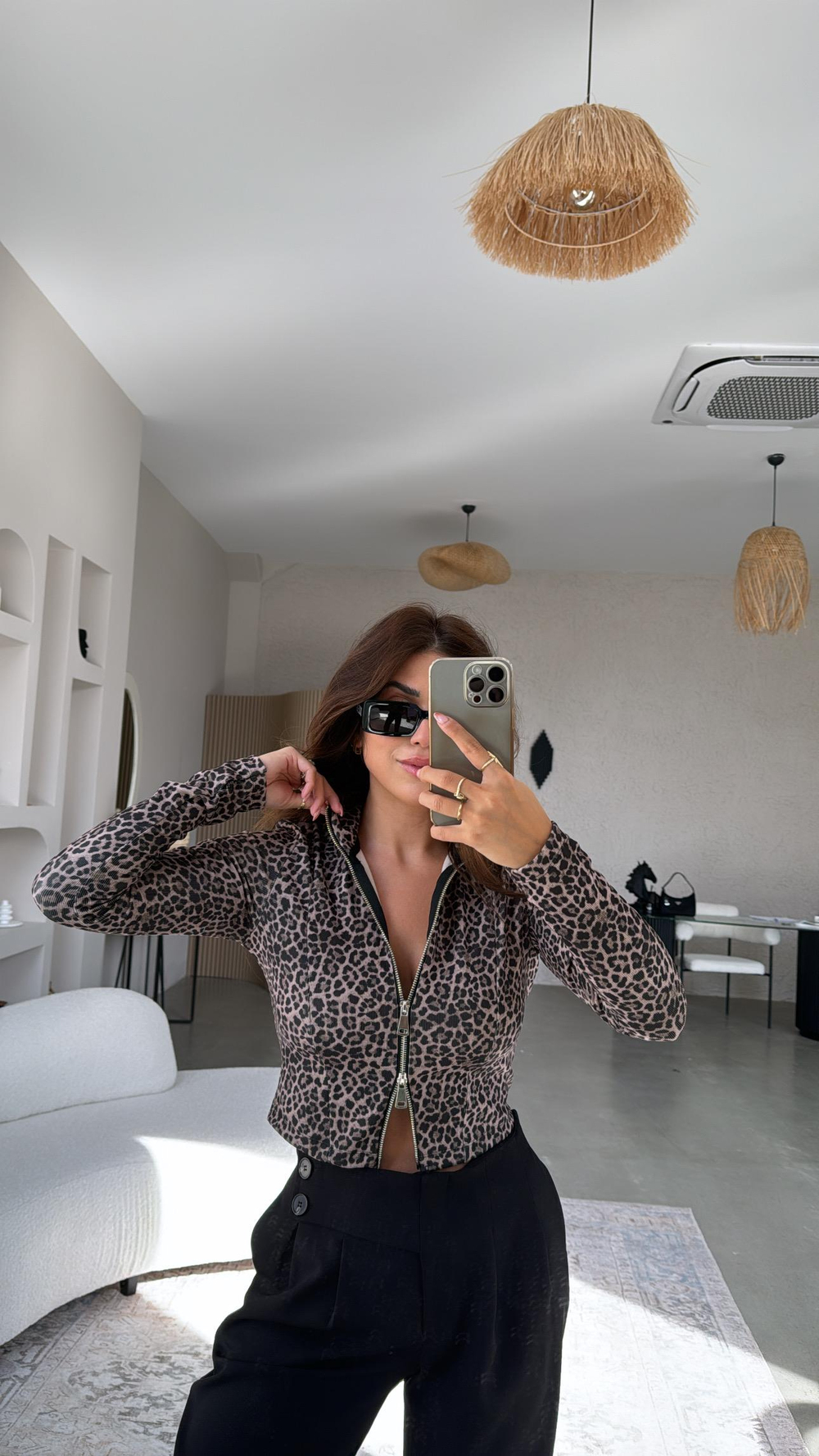 Fermuar Detaylı Leopar Bluz