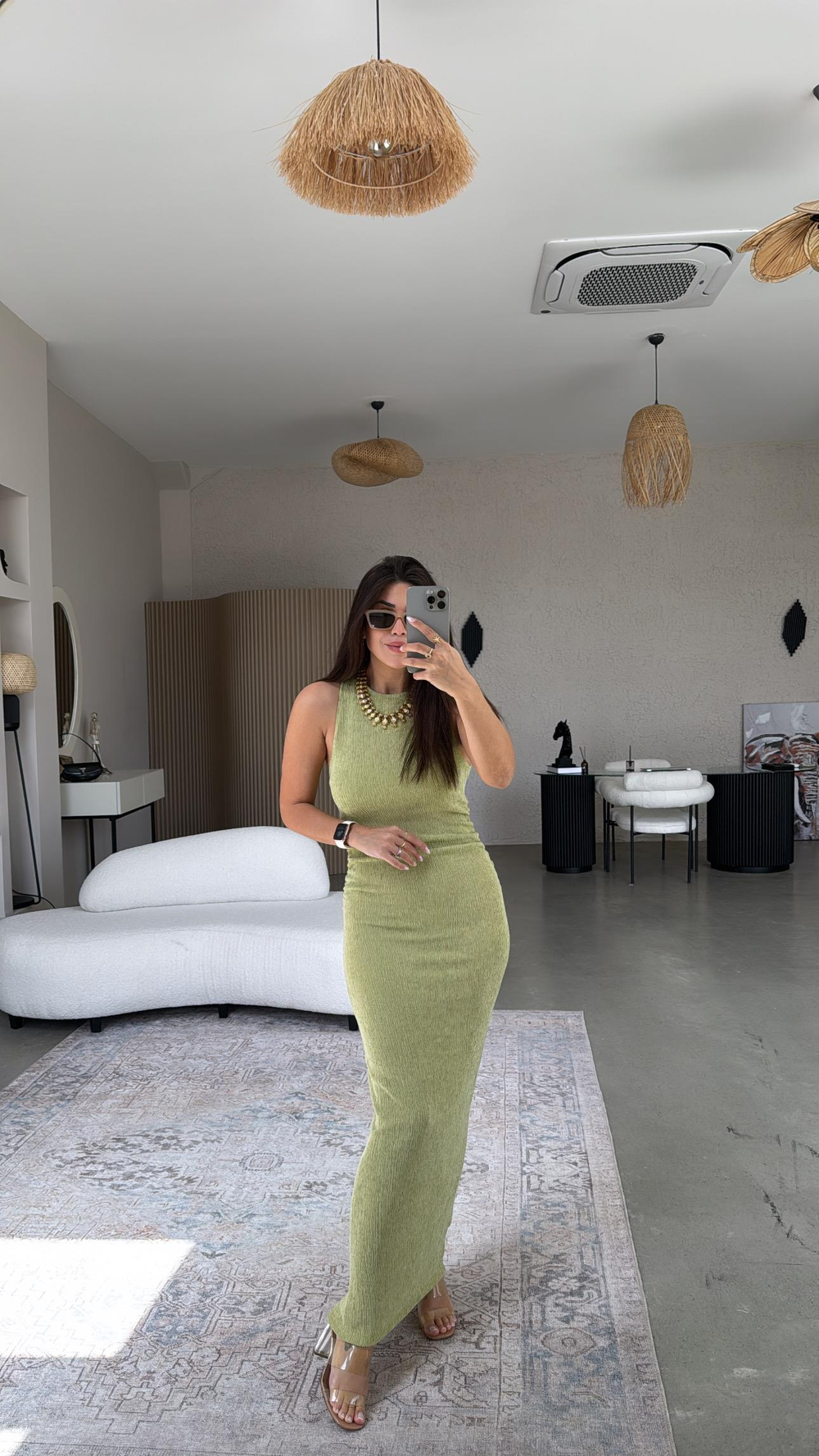 Fıstık Bürümcük ZR Model Büzgü Detay Elbise
