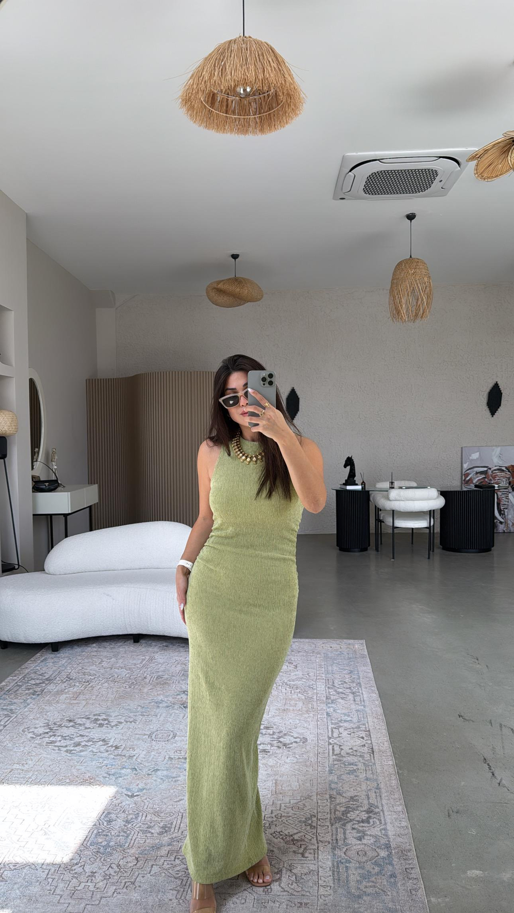 Fıstık Bürümcük ZR Model Büzgü Detay Elbise
