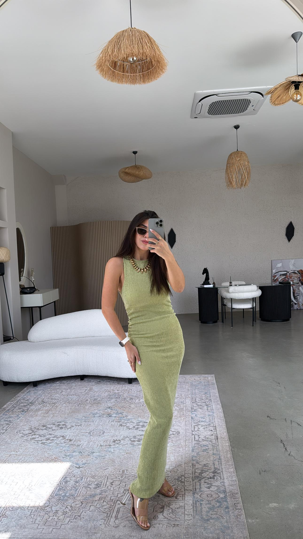 Fıstık Bürümcük ZR Model Büzgü Detay Elbise