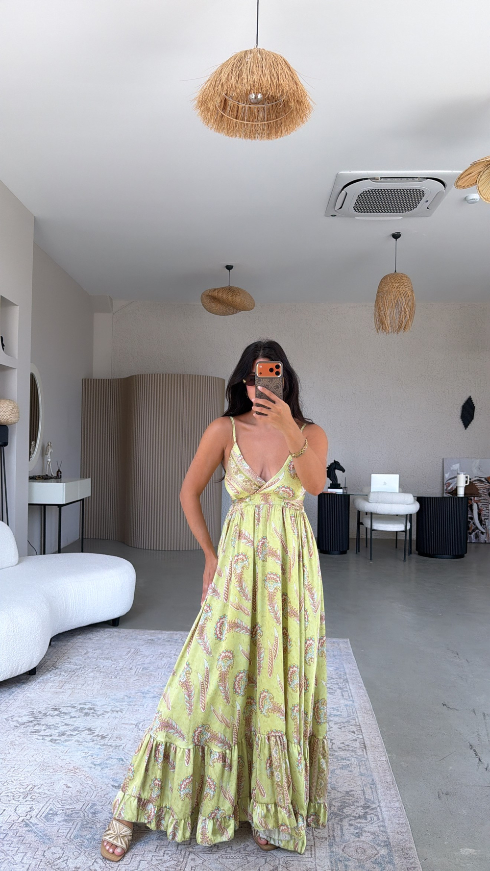 Fıstık Yeşili Desenli Premium Saten Elbise
