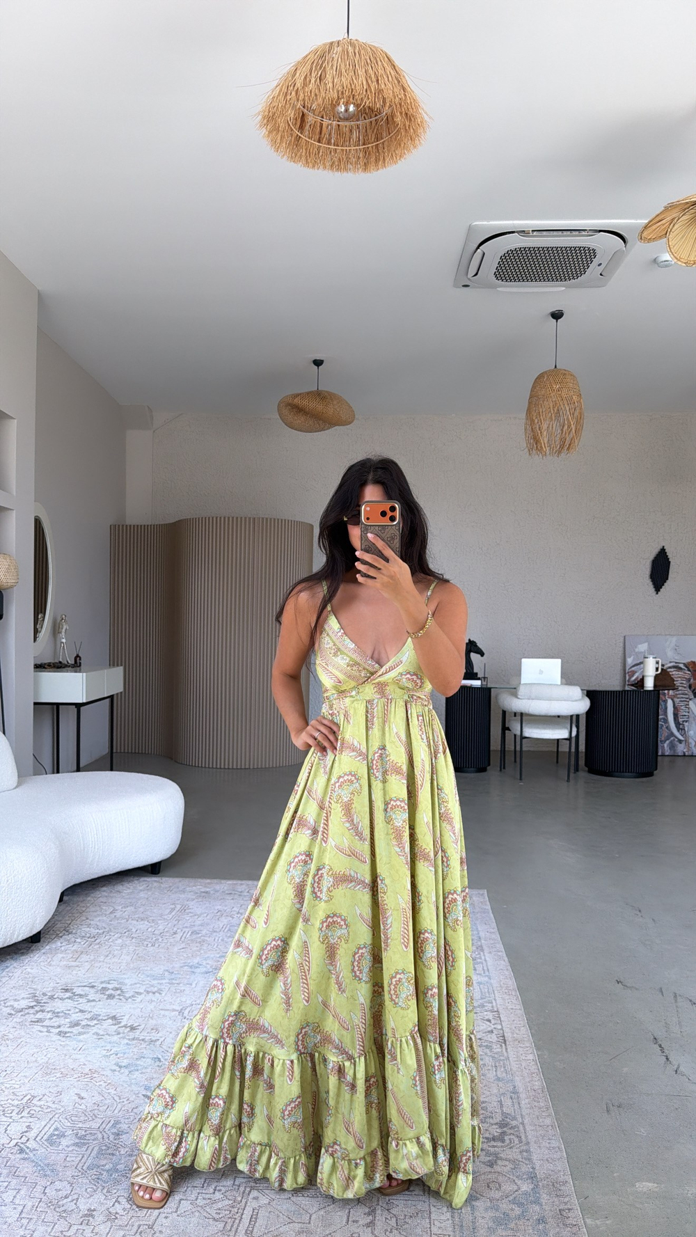 Fıstık Yeşili Desenli Premium Saten Elbise