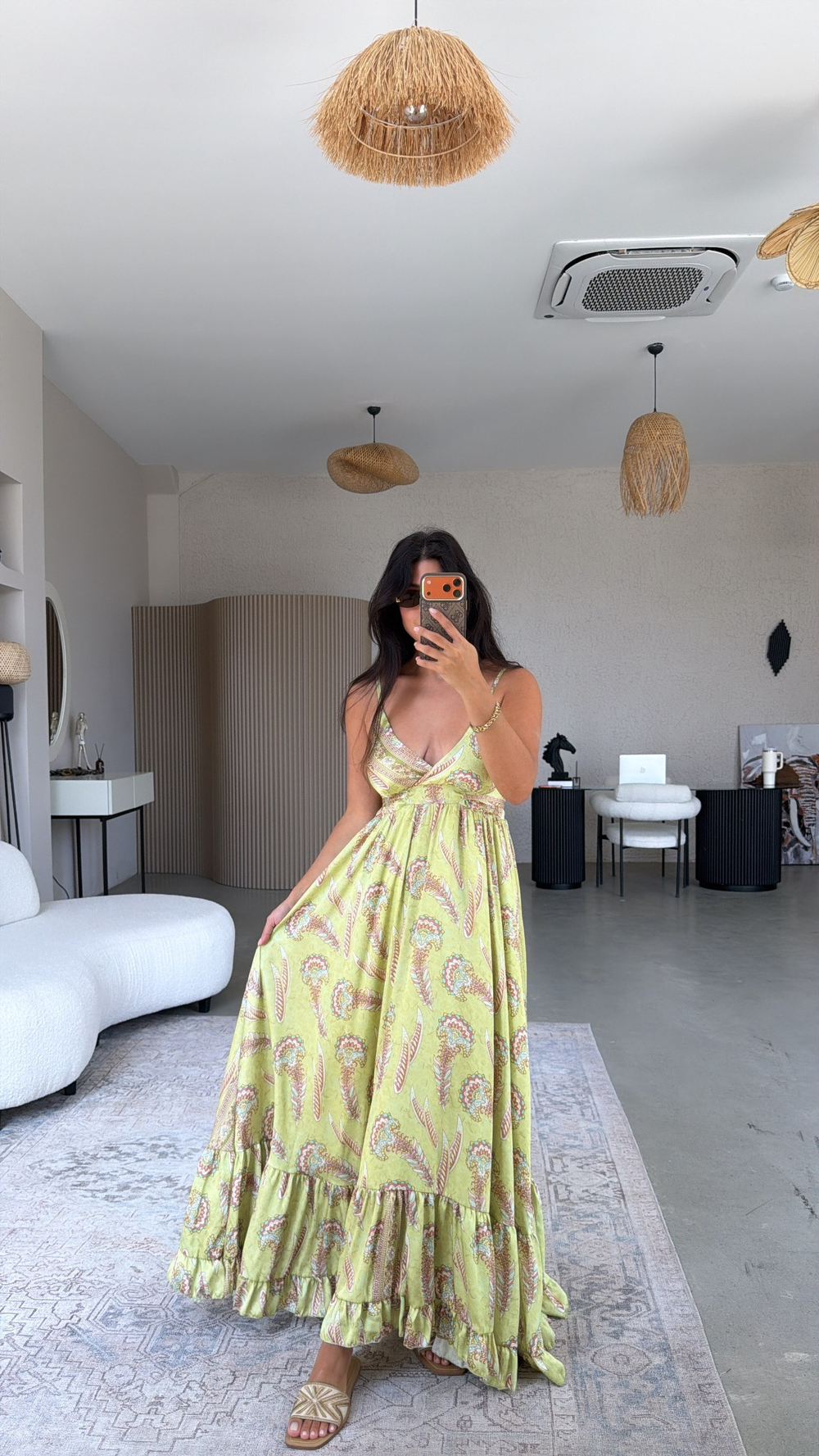Fıstık Yeşili Desenli Premium Saten Elbise