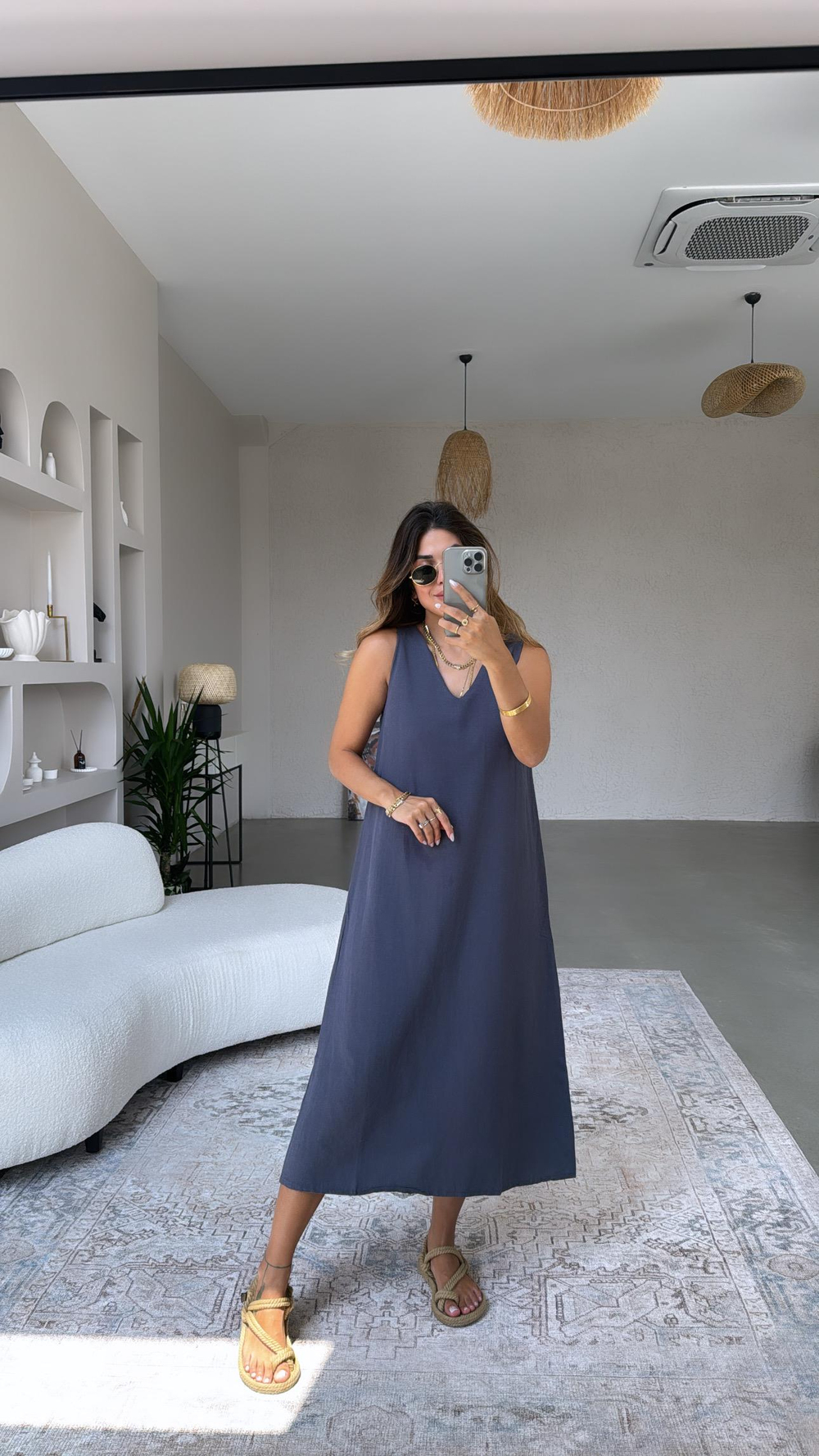Füme Basic V Yaka Keten Elbise