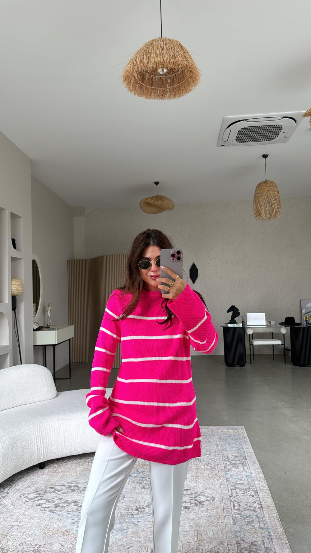 Fuşya Çizgili Triko Tunik