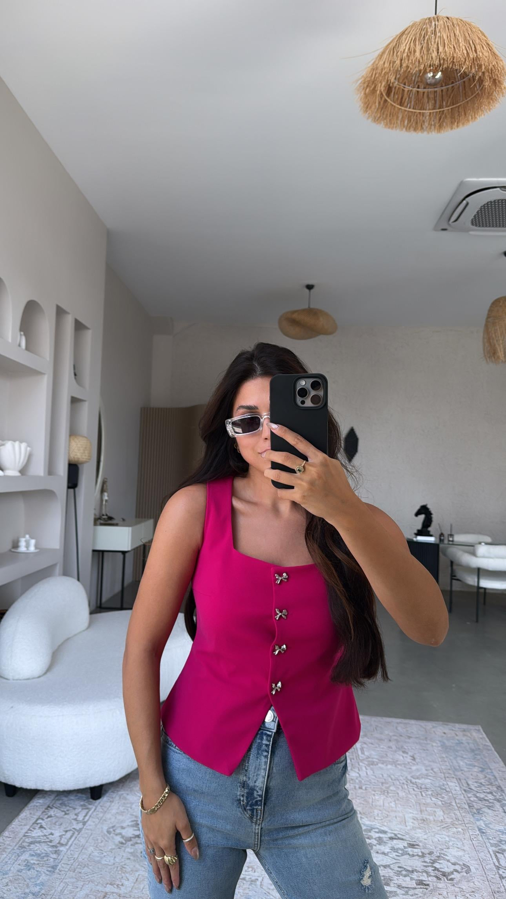 Fuşya Fiyonk Düğmeli Kumaş Yelek