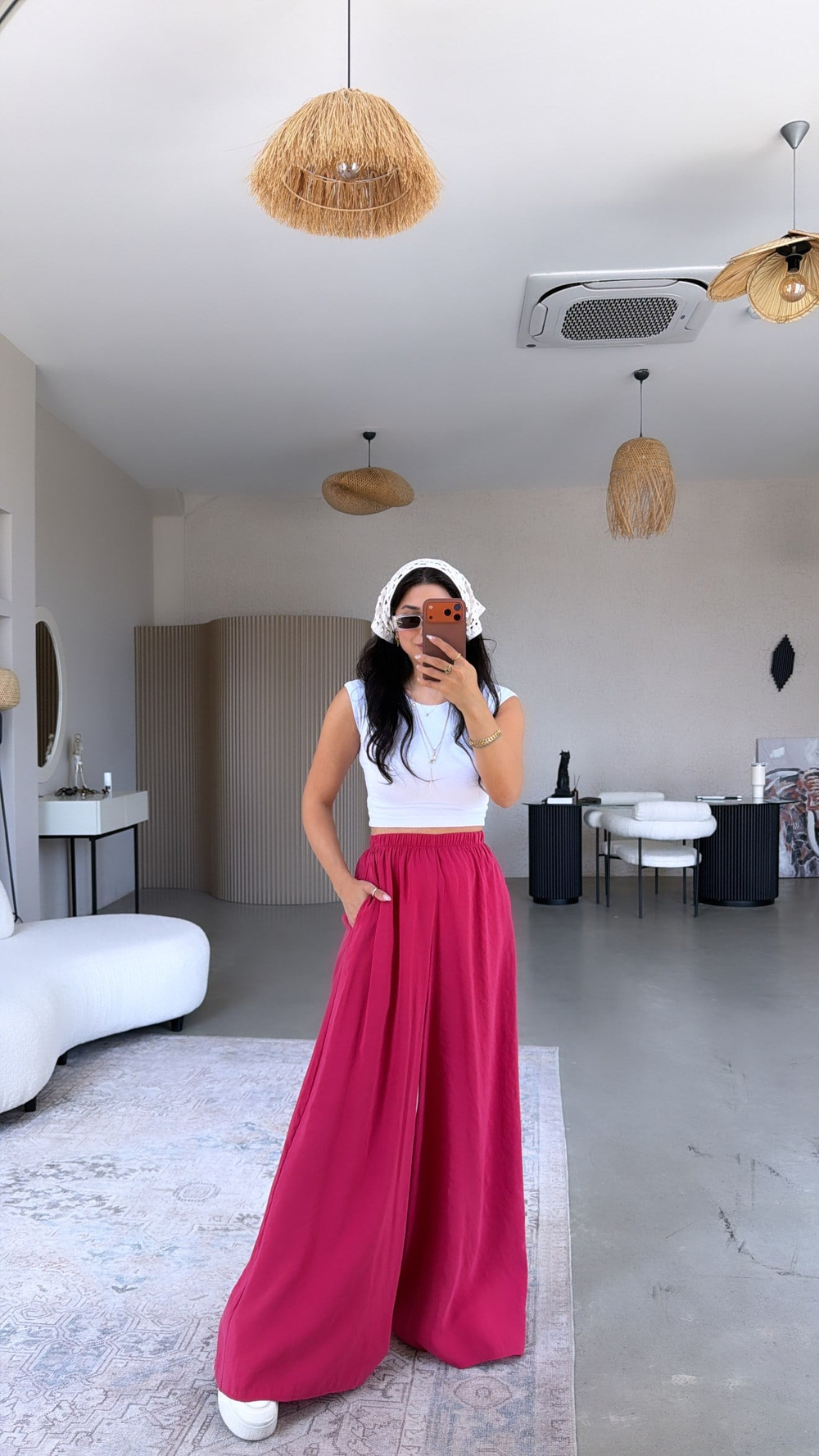 Fuşya Ultra Wide Leg Tensel Pantolon