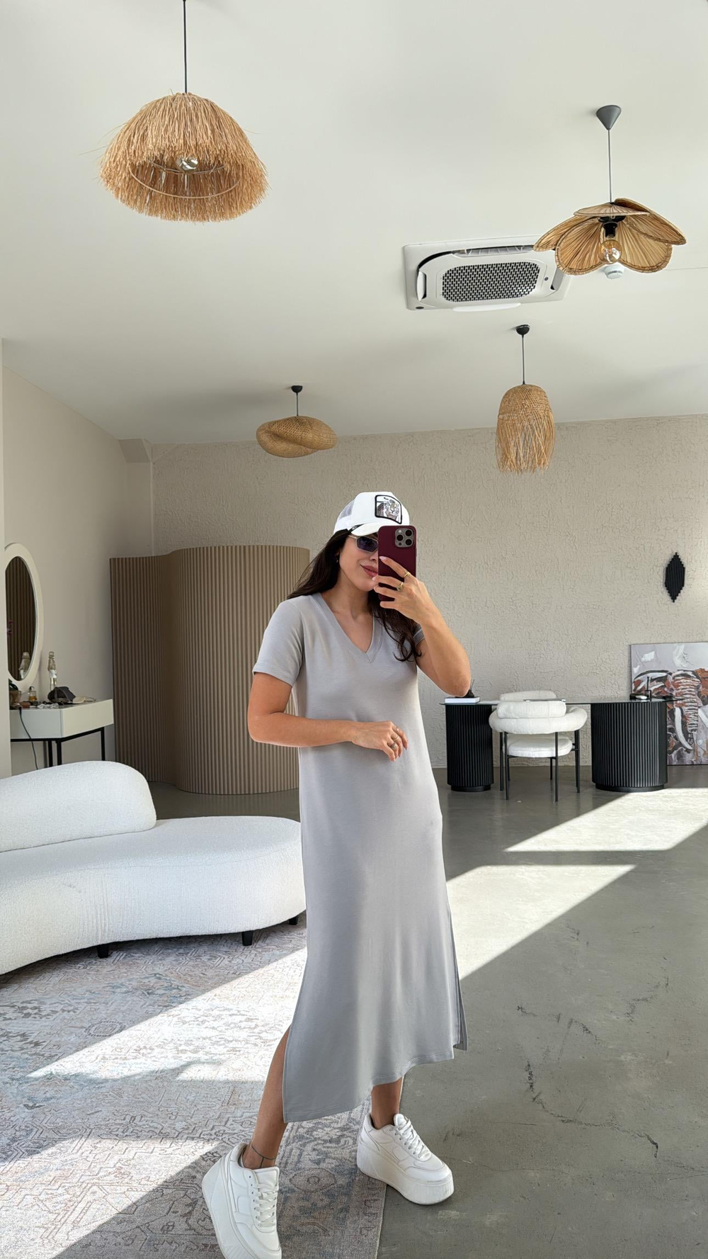 Gri Kısa Kol V Yaka Basic Elbise