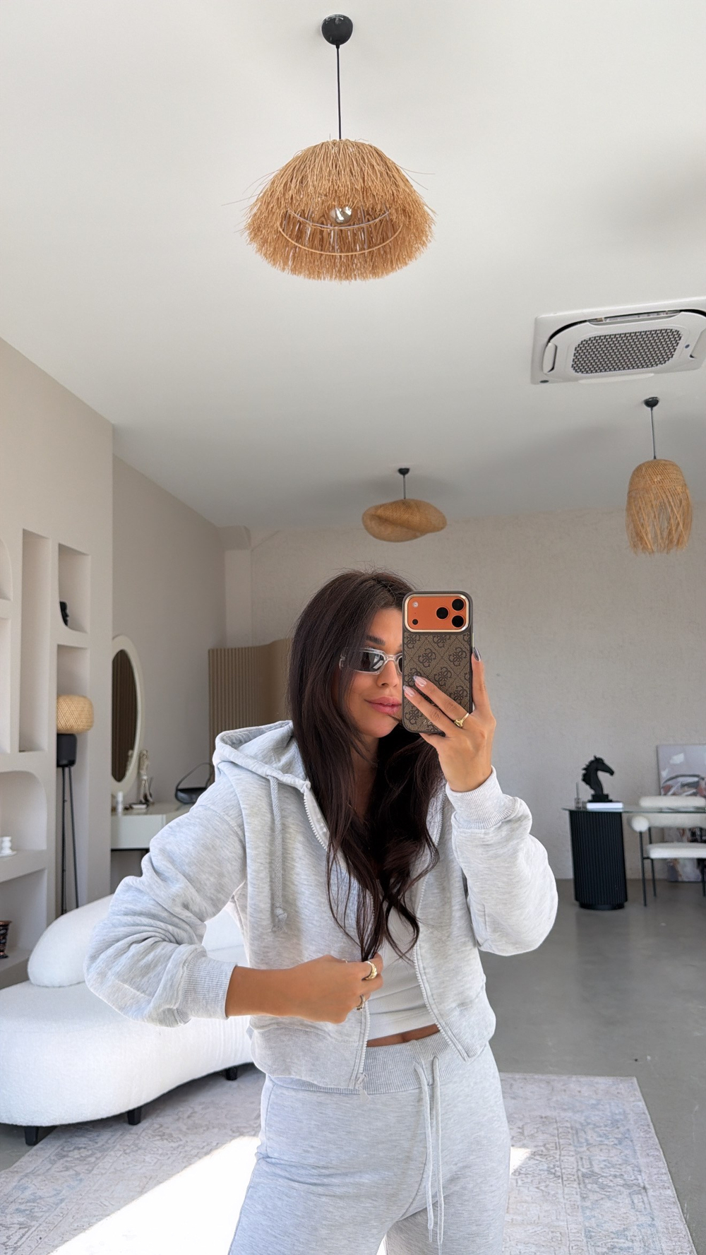 Gri Melanj Üç İplik Fermuarlı Crop Hoodie