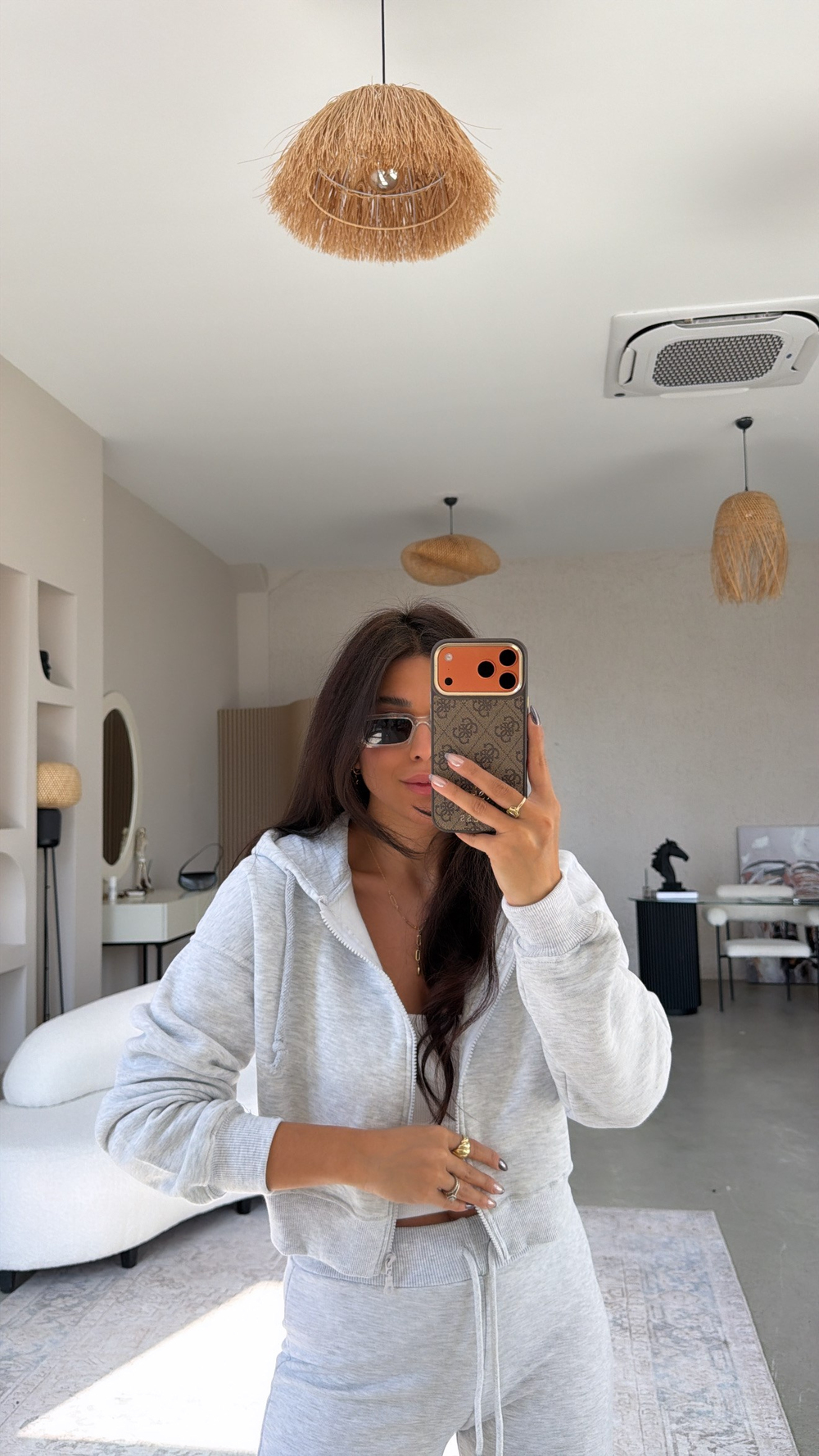 Gri Melanj Üç İplik Fermuarlı Crop Hoodie