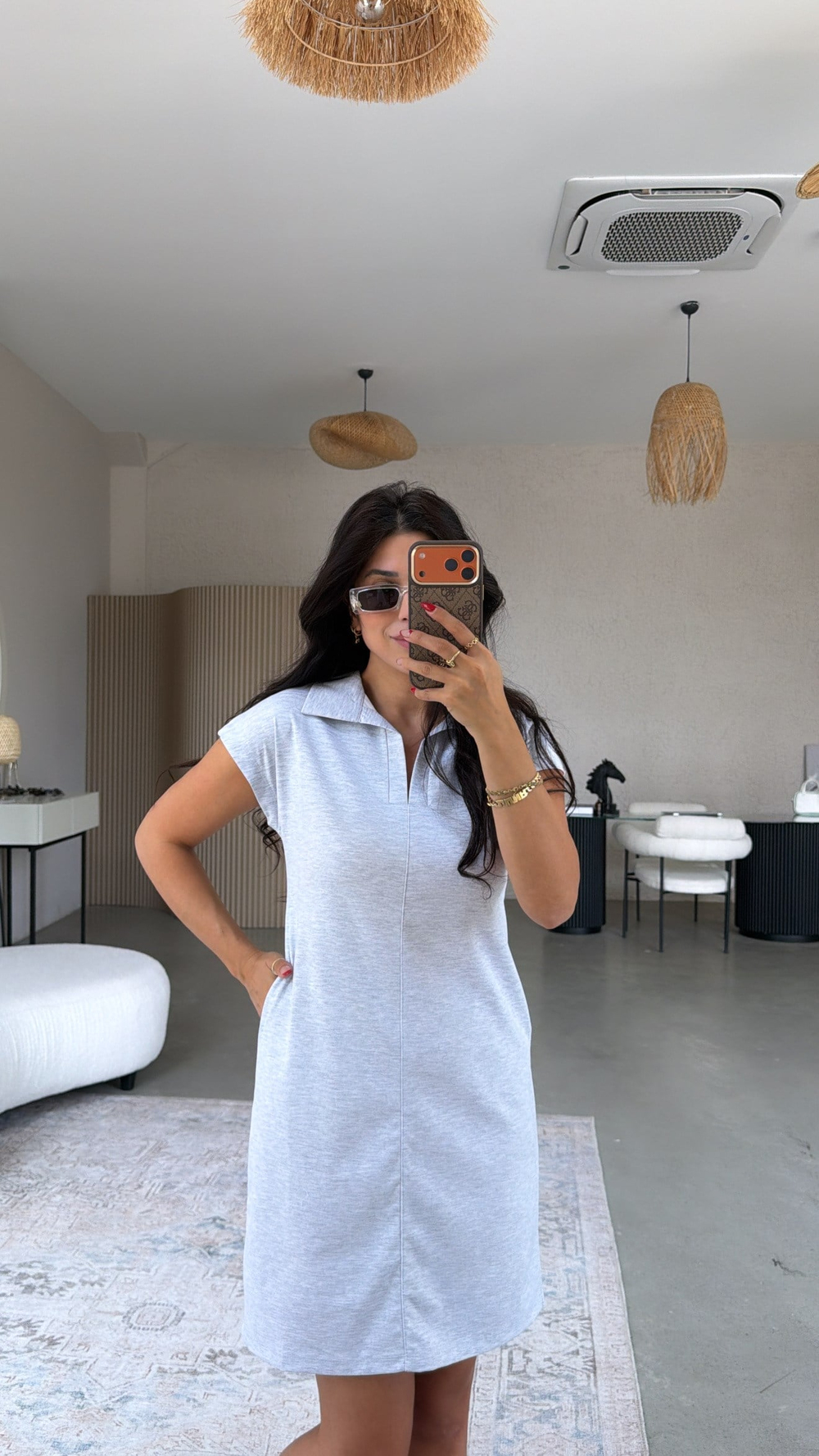 Gri Melanj Yakalı Önü Çımalı Cepli Basic Elbise