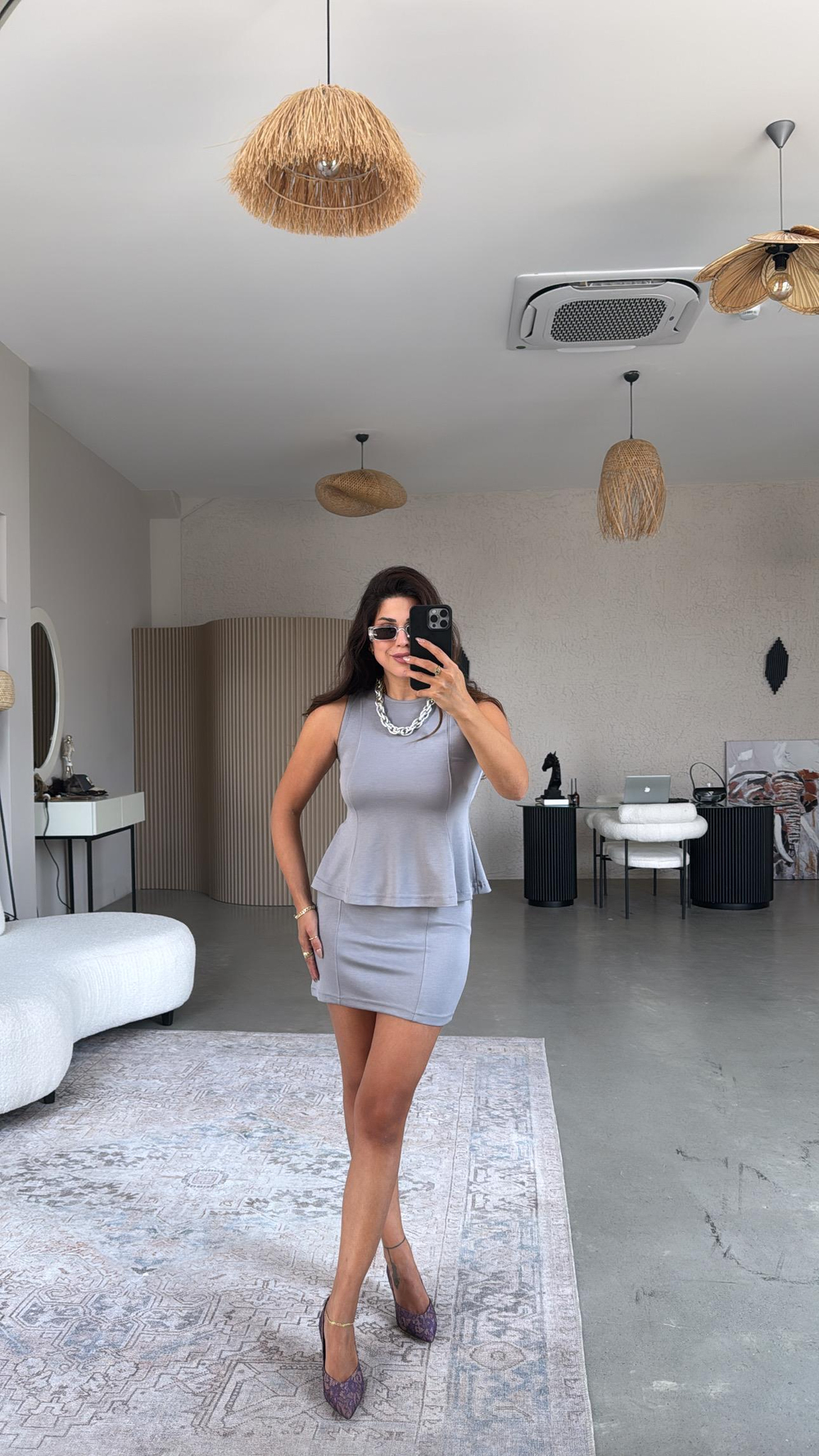 Gri Modal Mini Etek Bluz Takım