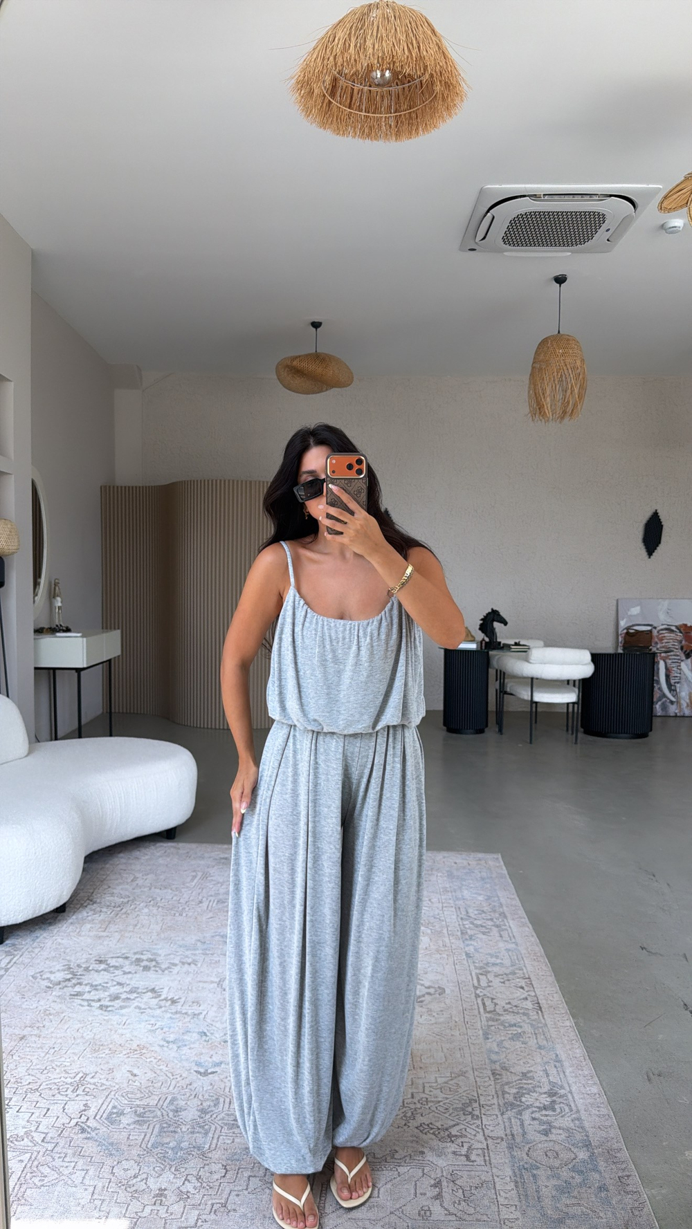 Gri Oys Model Askılı Bluz Şalvar Dökümlü Takım