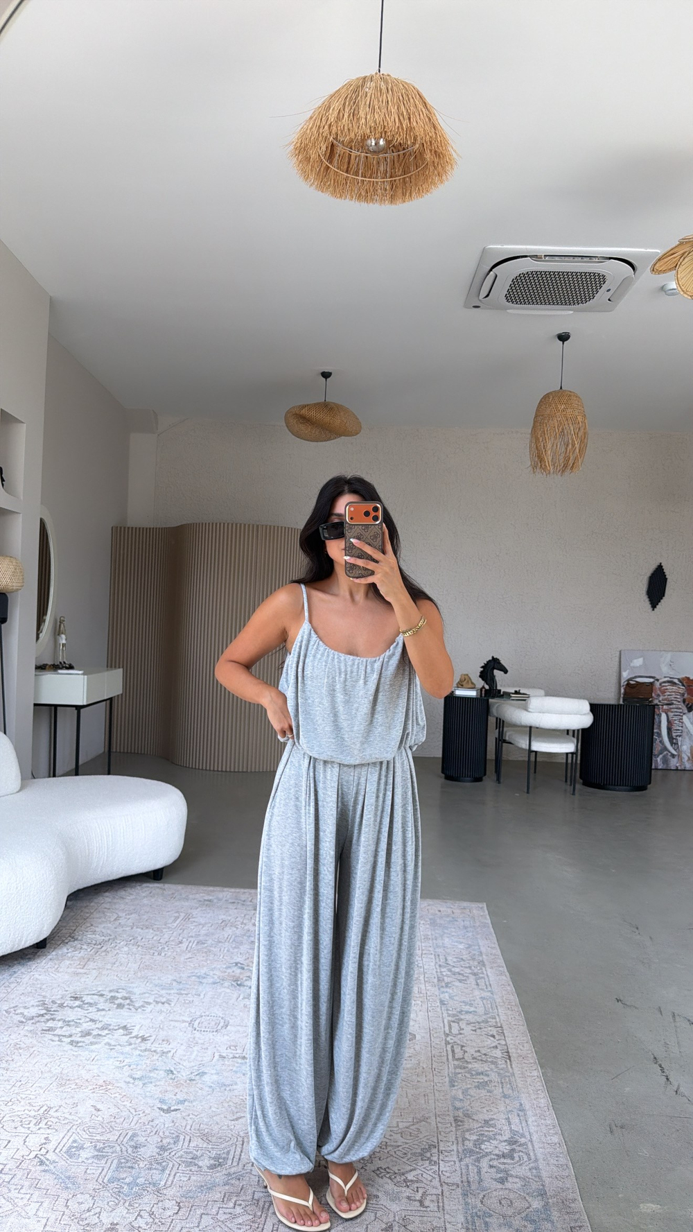 Gri Oys Model Askılı Bluz Şalvar Dökümlü Takım