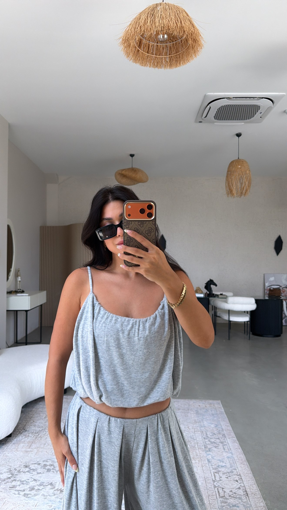 Gri Oys Model Askılı Bluz Şalvar Dökümlü Takım