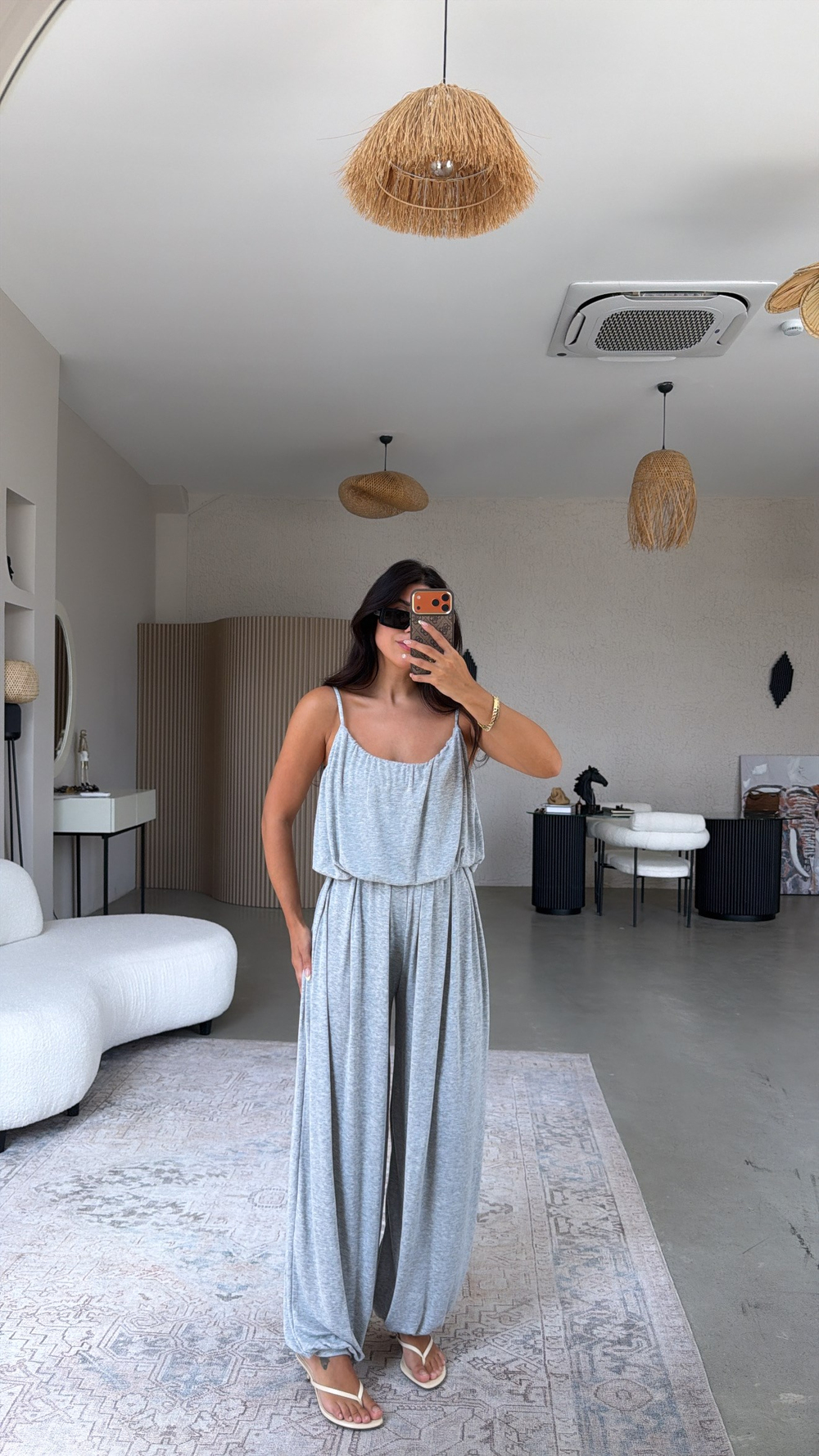 Gri Oys Model Askılı Bluz Şalvar Dökümlü Takım