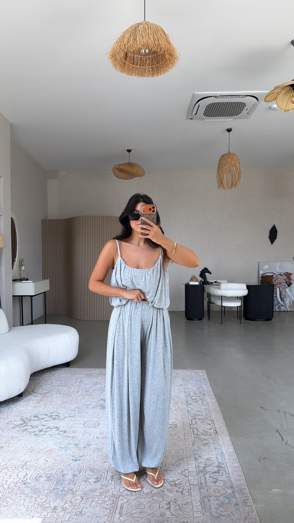 Gri Oys Model Askılı Bluz Şalvar Dökümlü Takım