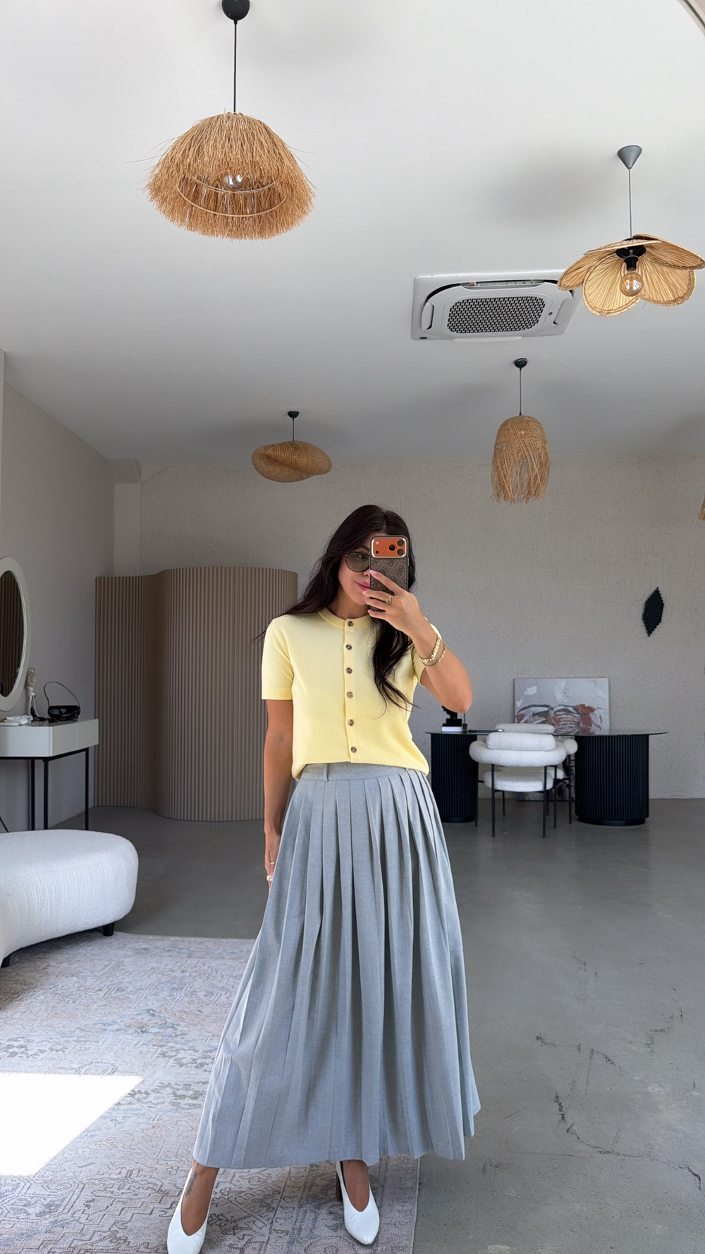 Gri Pileli Maxi Etek