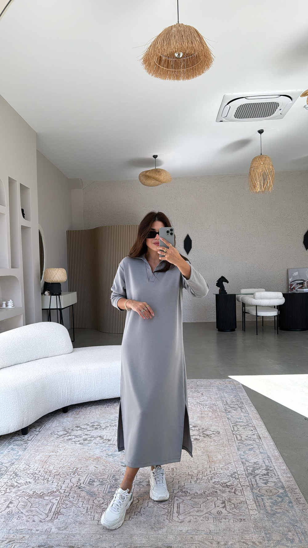 Gri Yakalı Modal Elbise