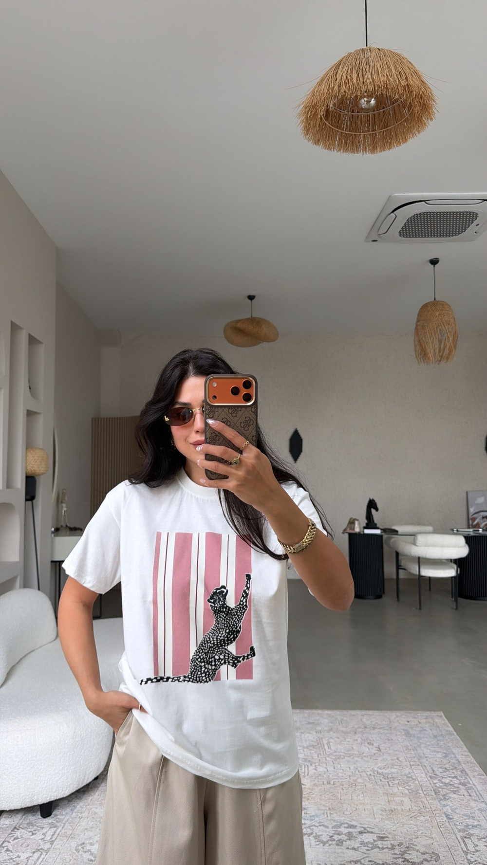Gülkurusu Çizgili Kaplan Baskılı Pamuklu Tshirt