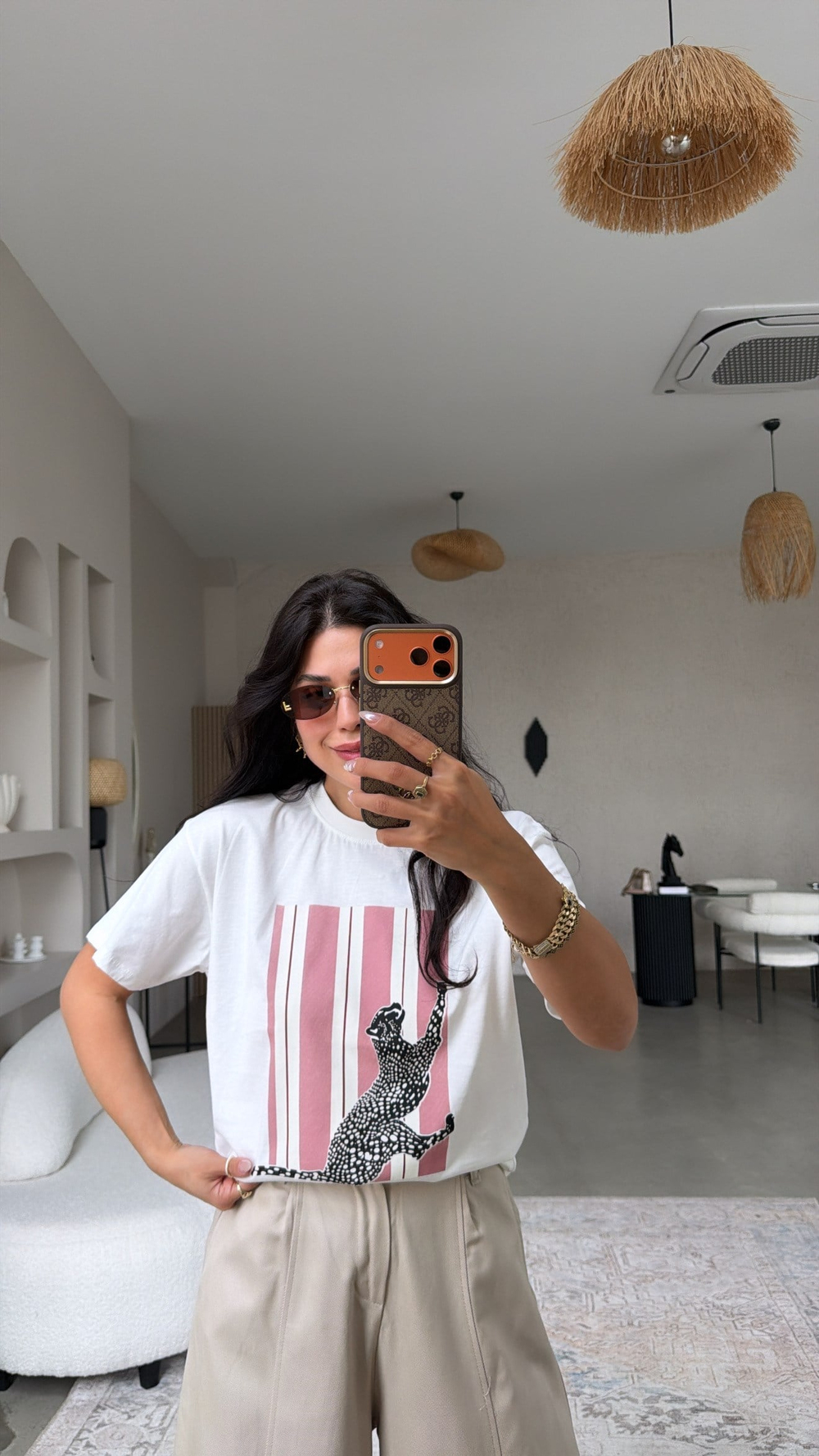 Gülkurusu Çizgili Kaplan Baskılı Pamuklu Tshirt