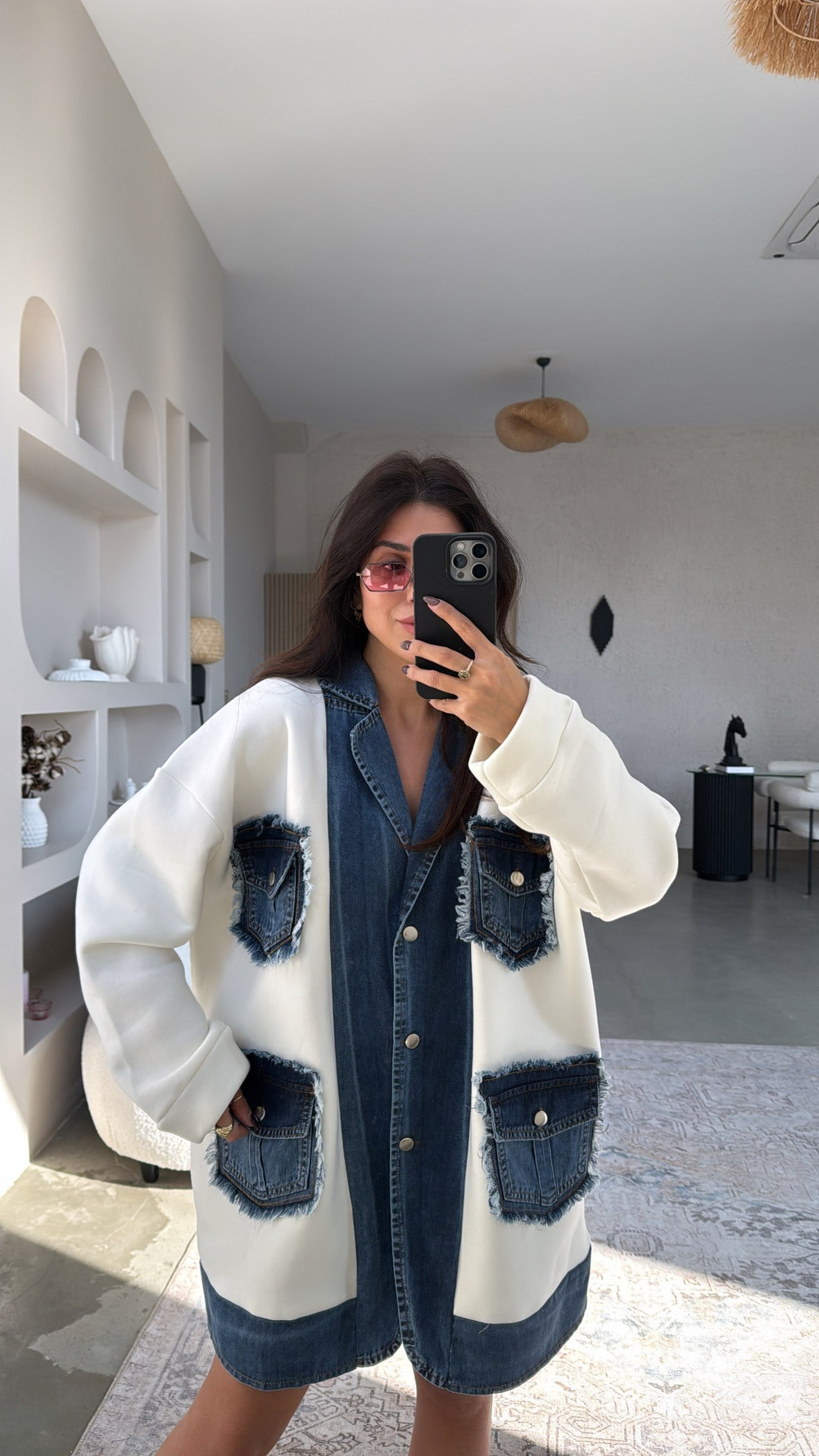 Jean Detaylı İthal Oversize Şardonlu Uzun Ceket