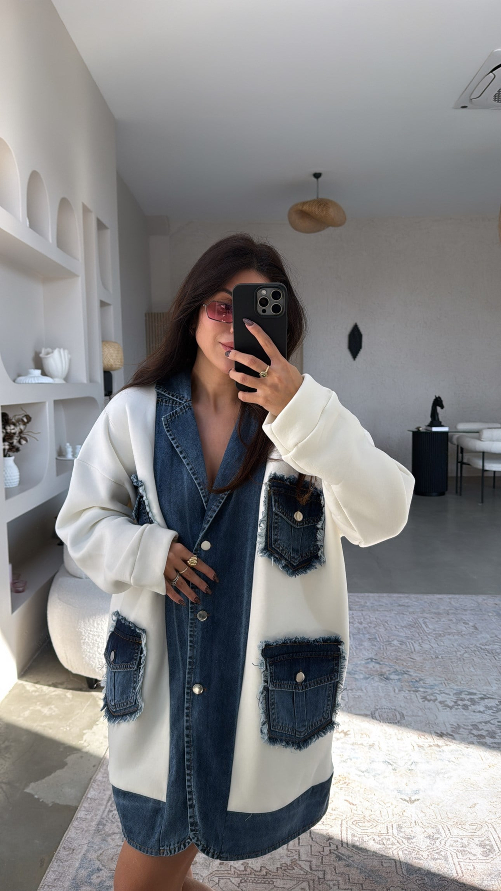 Jean Detaylı İthal Oversize Şardonlu Uzun Ceket