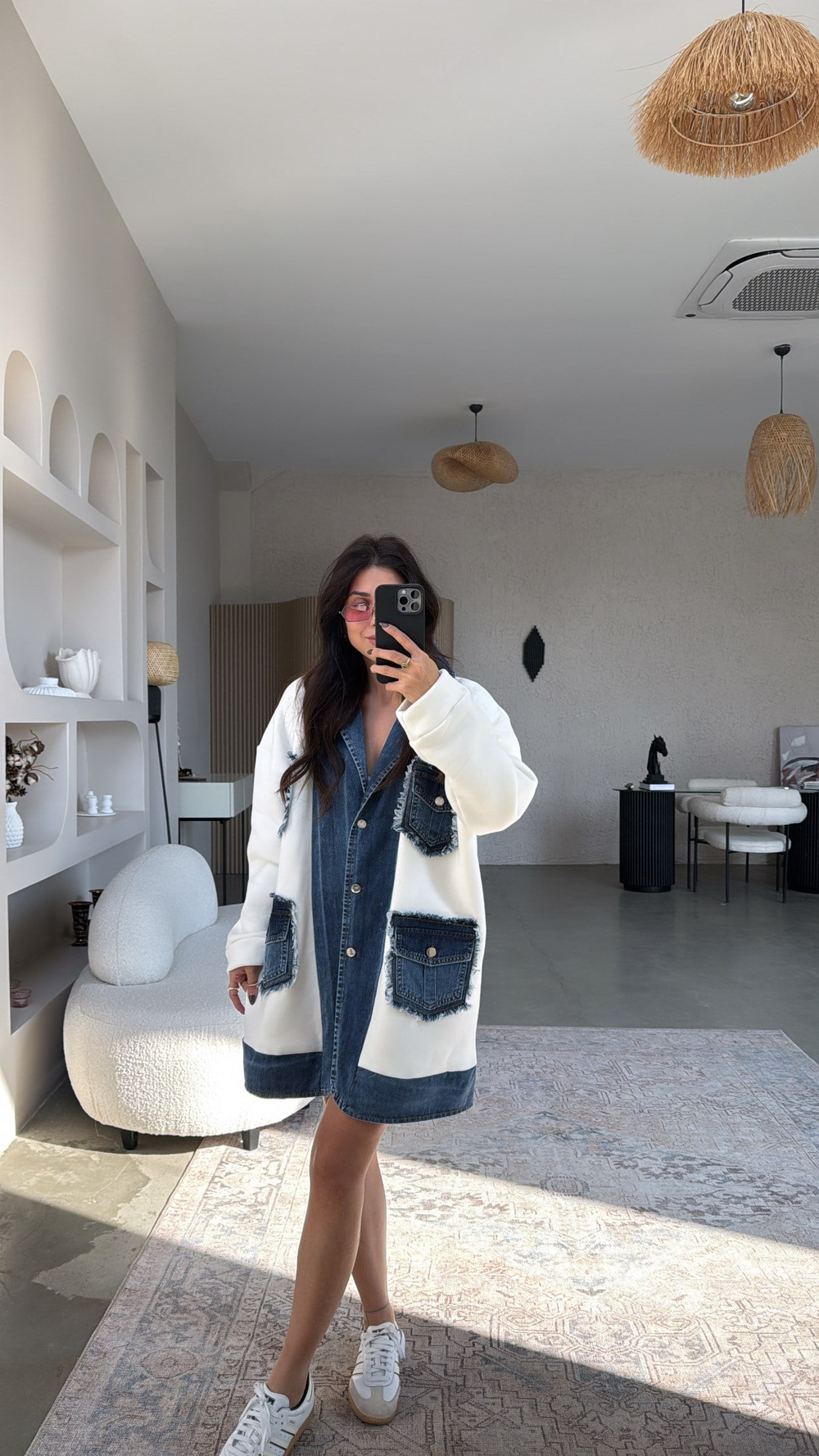 Jean Detaylı İthal Oversize Şardonlu Uzun Ceket