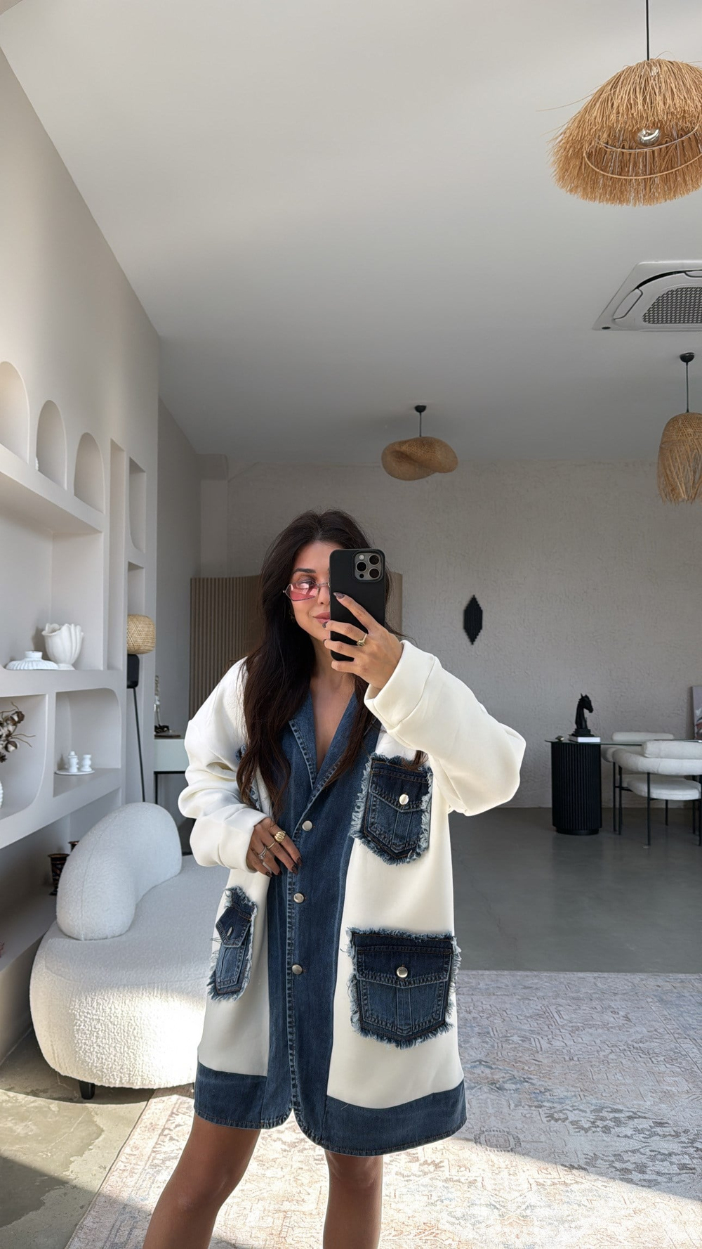 Jean Detaylı İthal Oversize Şardonlu Uzun Ceket