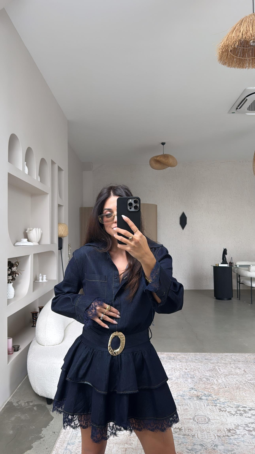 Jean Kumaş Premium Çift Kat Dantel Detaylı Elbise