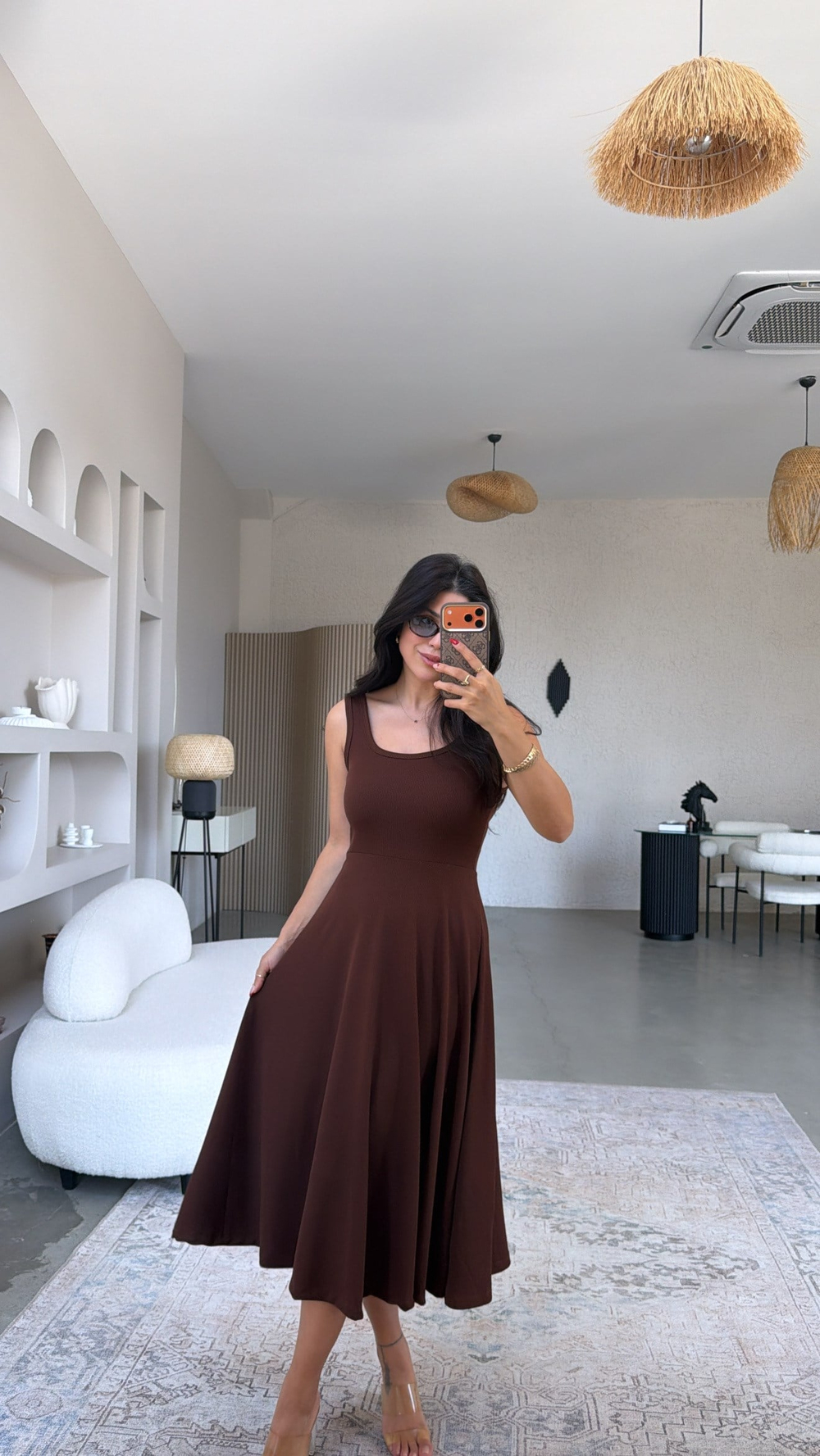 Kahverengi Askılı Kaşkorse Elbise