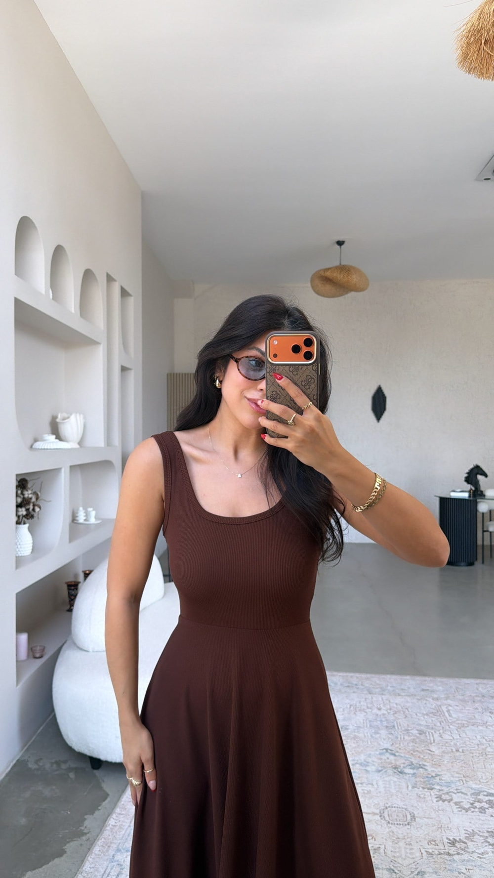 Kahverengi Askılı Kaşkorse Elbise