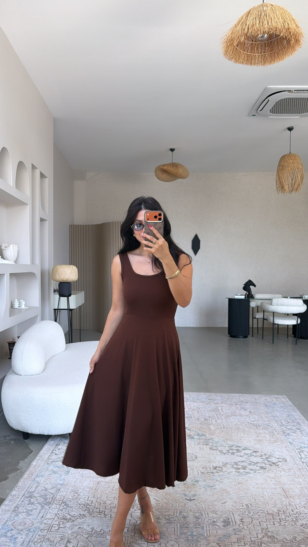 Kahverengi Askılı Kaşkorse Elbise