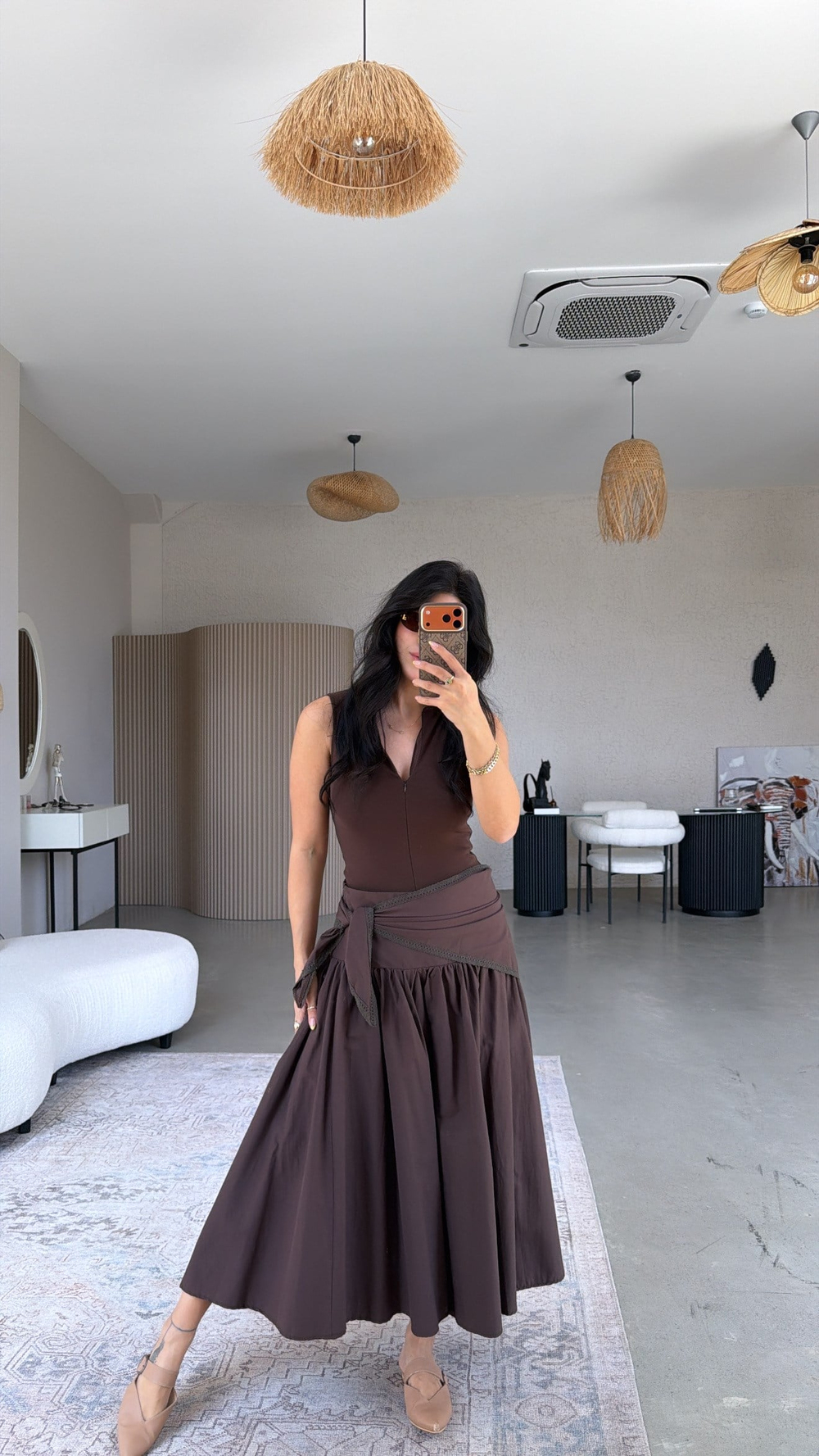 Kahverengi Beli Üçgen Kuşak Detaylı Poplin Etek