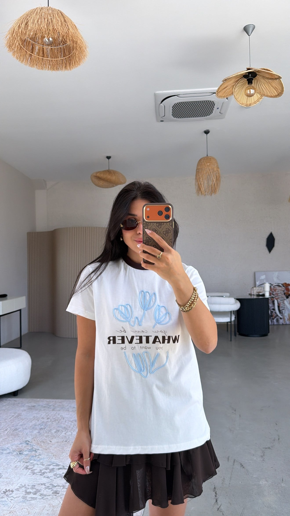 Kahverengi Biye Detaylı Whatever Tshirt